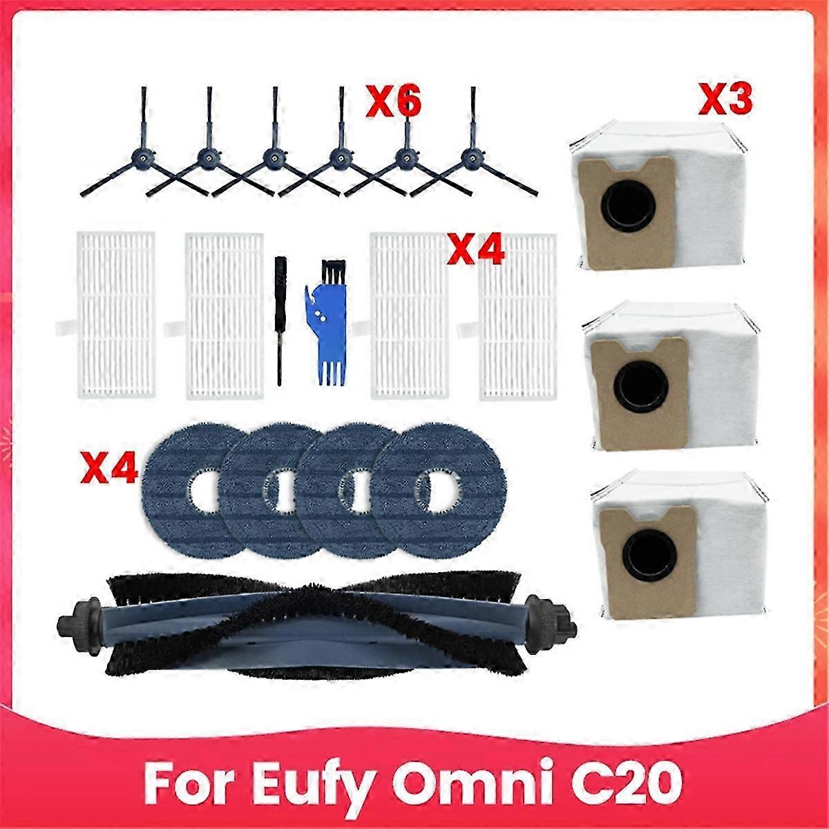 20PCS for Omni C20 Vacuum Cleaner Replacement Parts Main Side Brush HEPA Filter Mop Pads Dust Bags A