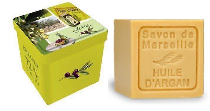 Metal soap tin square with print l'Oliveraie with soap block Argan oil – Vintage stock tin – Fra