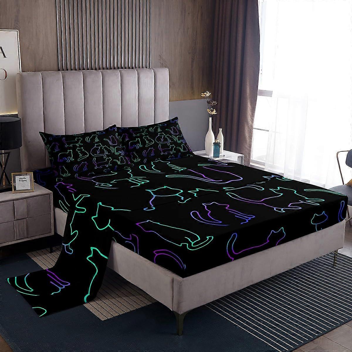 Glowing Cat Ombre Neon Kitten Rainbow Gradient Lines Bed Sheets for Queen Size