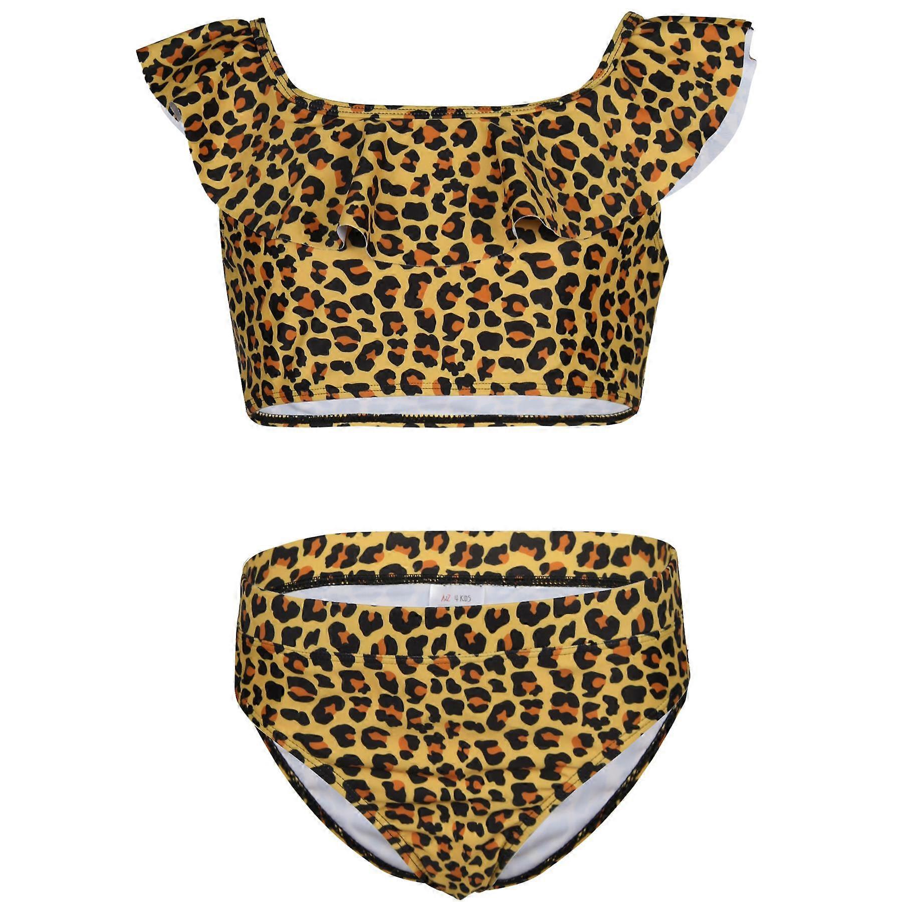 Kids Girls Swimwear Bikini Two Piece Leopard Swimming Suit Ruffle Plunge Outfit