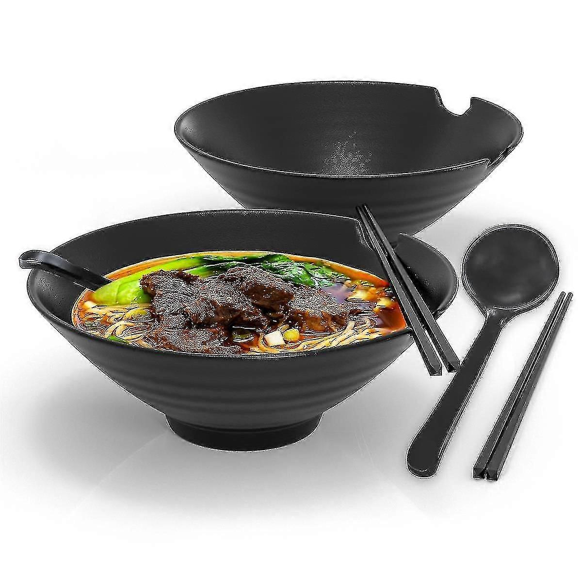 ラーメンボウル6点セット、箸&スプーン付き、1000ml、黒