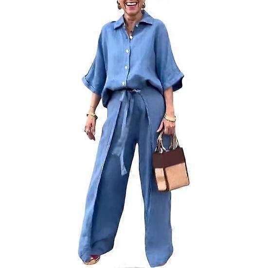 2 Pcs/Set Women Shirt Pants Set Solid Color Turn-down Collar Three Quarter Sleeve Top Wide Leg Lace-up Waist