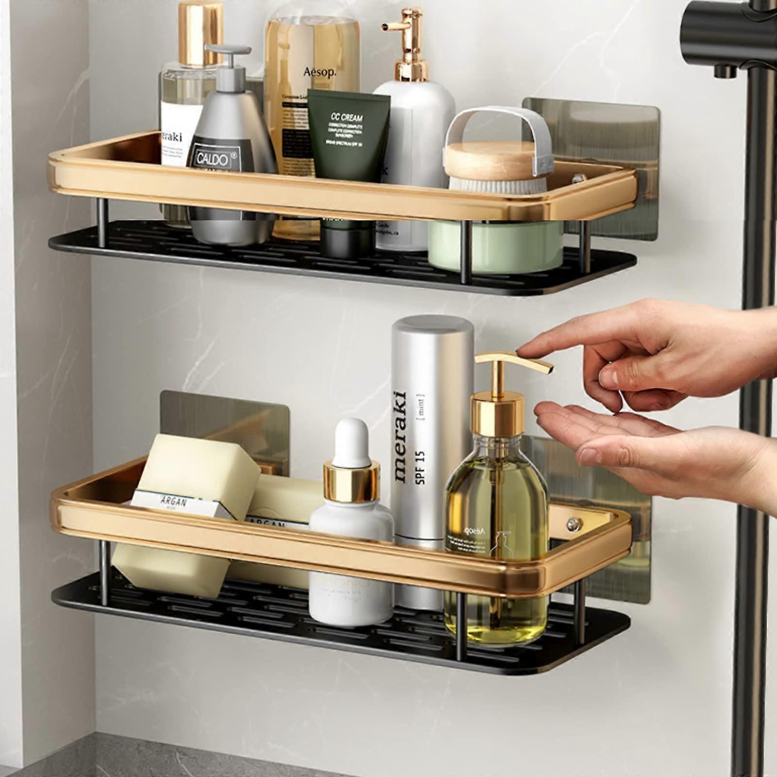 Shower Shelf, 2-Pack Rustproof Black Golden Space Aluminium Shower Organiser, Self-Adhesive or Drilling Options, Hooks Included