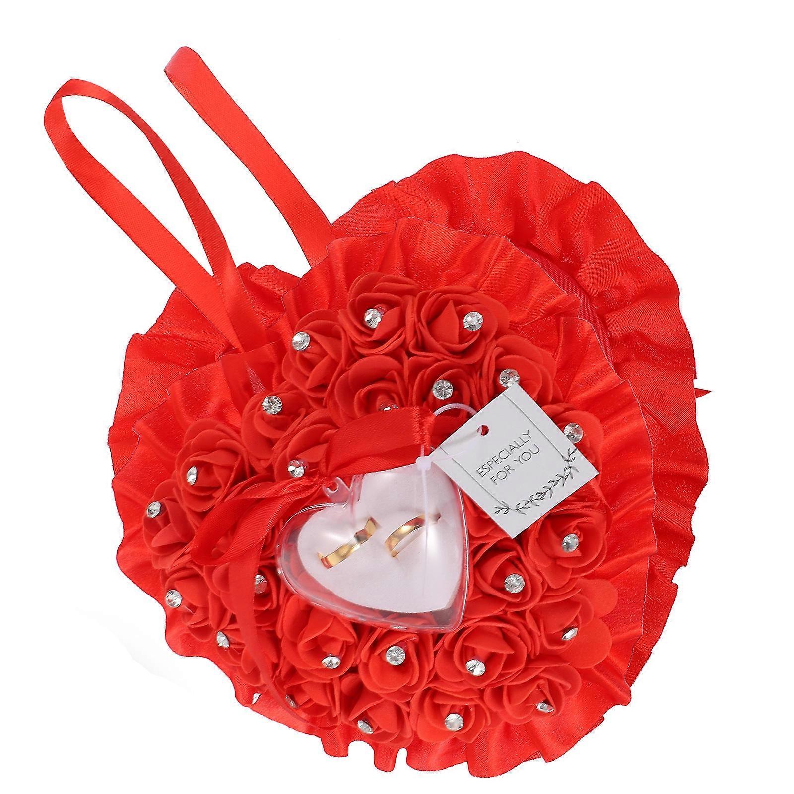 ハートシェイプリングピローウェディングクッションラインストーンとリボン付きレッドローズジュエリーボックス婚約式ロマンチックリング収納ケース