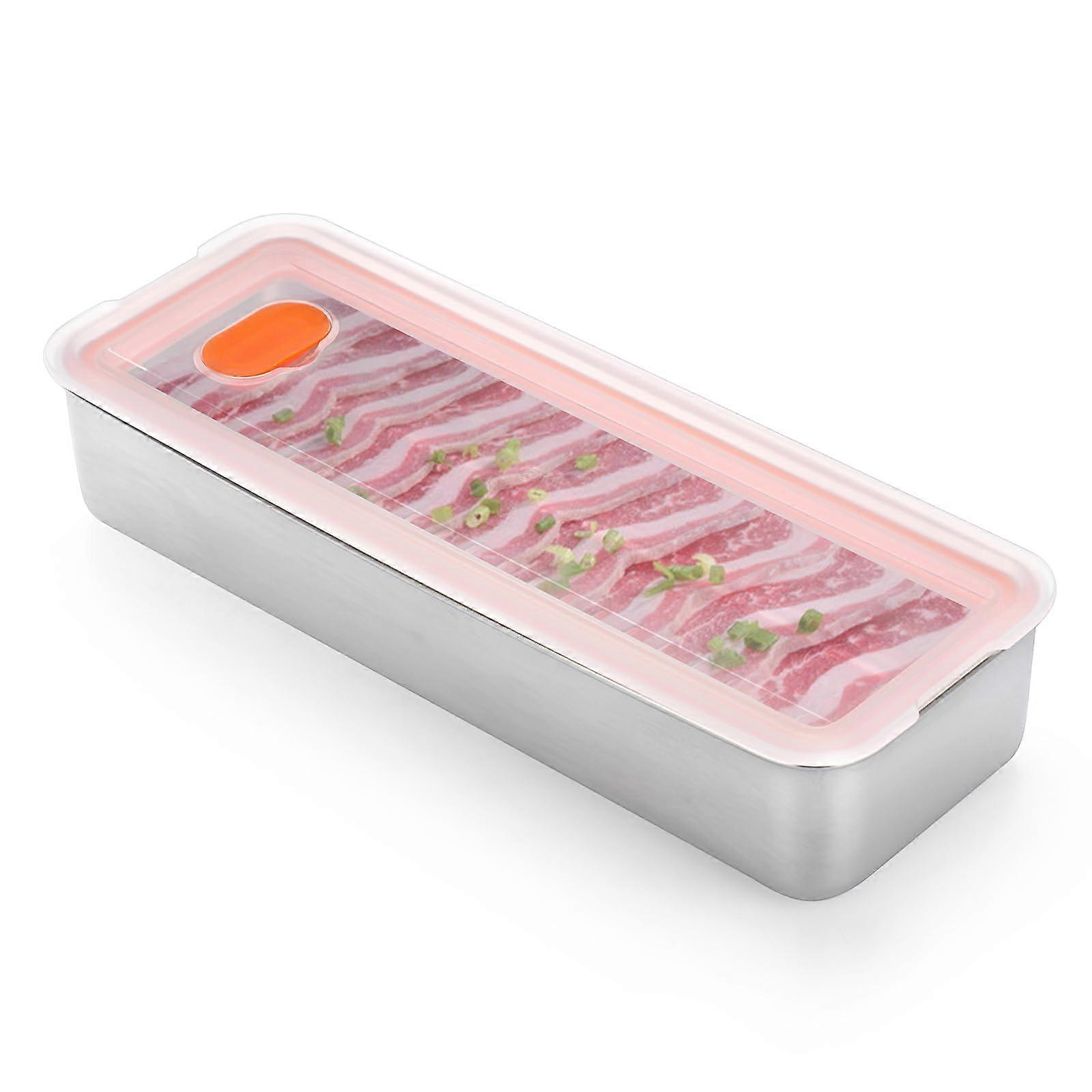 Bacon Container with Lid 304 Stainless Steel Meat & Cheese Storage, Stackable Fridge Organizer 26.5X10X4.6 Cm, White