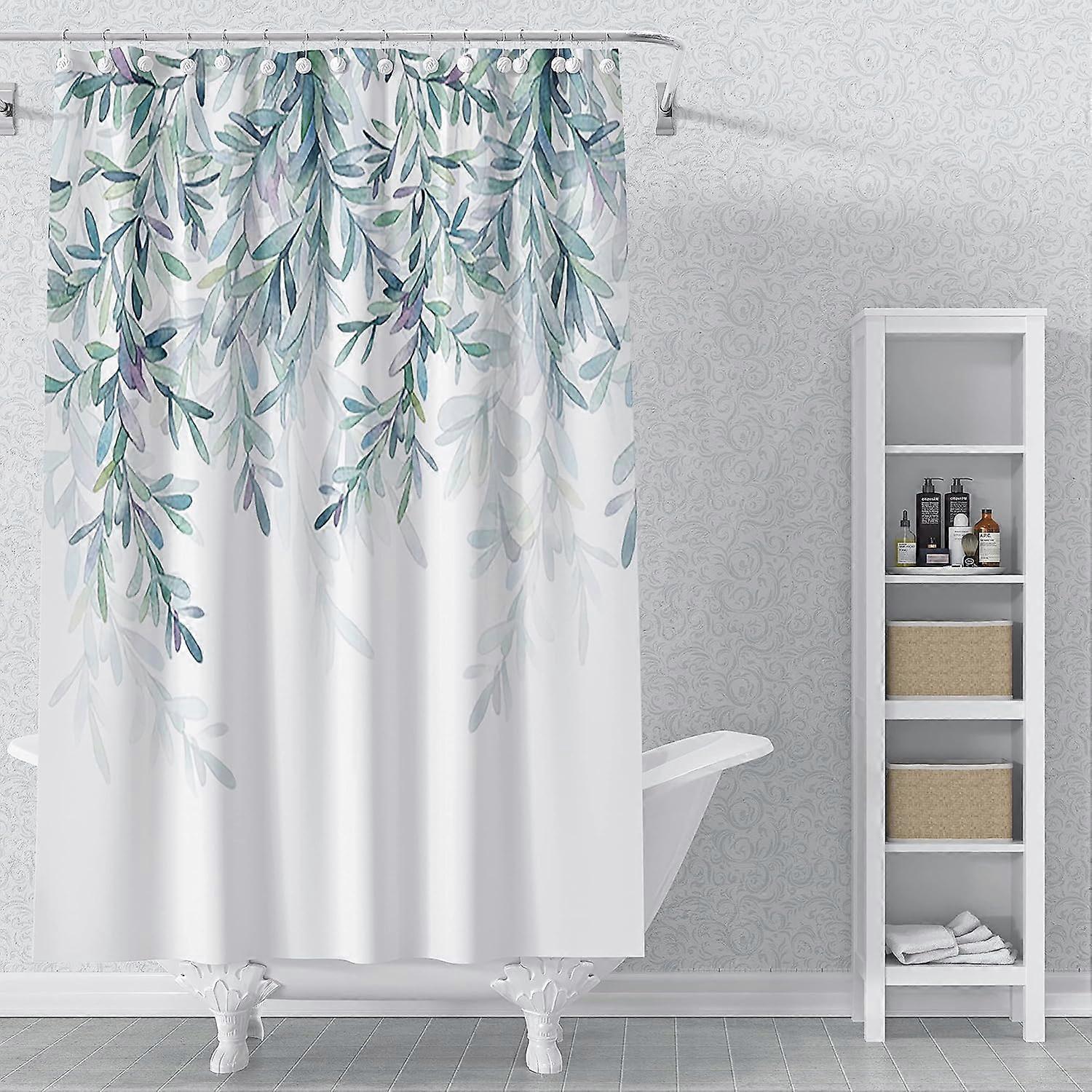 Leaf Shower Curtain 105 x 160 cm Waterproof Polyester Eucalyptus Green Leaves with Hooks for Bathroom H160 x B105 cm