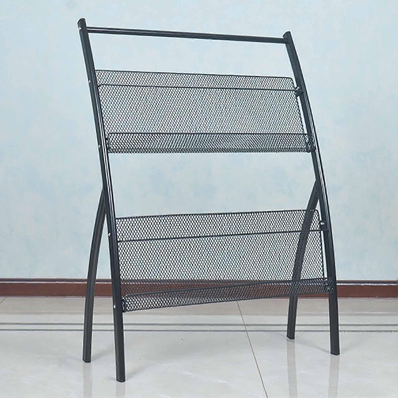 Newspaper Rack, Zine Display Stand, Storage Rack for Zine in Home School Library, Brochure Catalog Organizer Holder with 2 Mesh Pockets Black