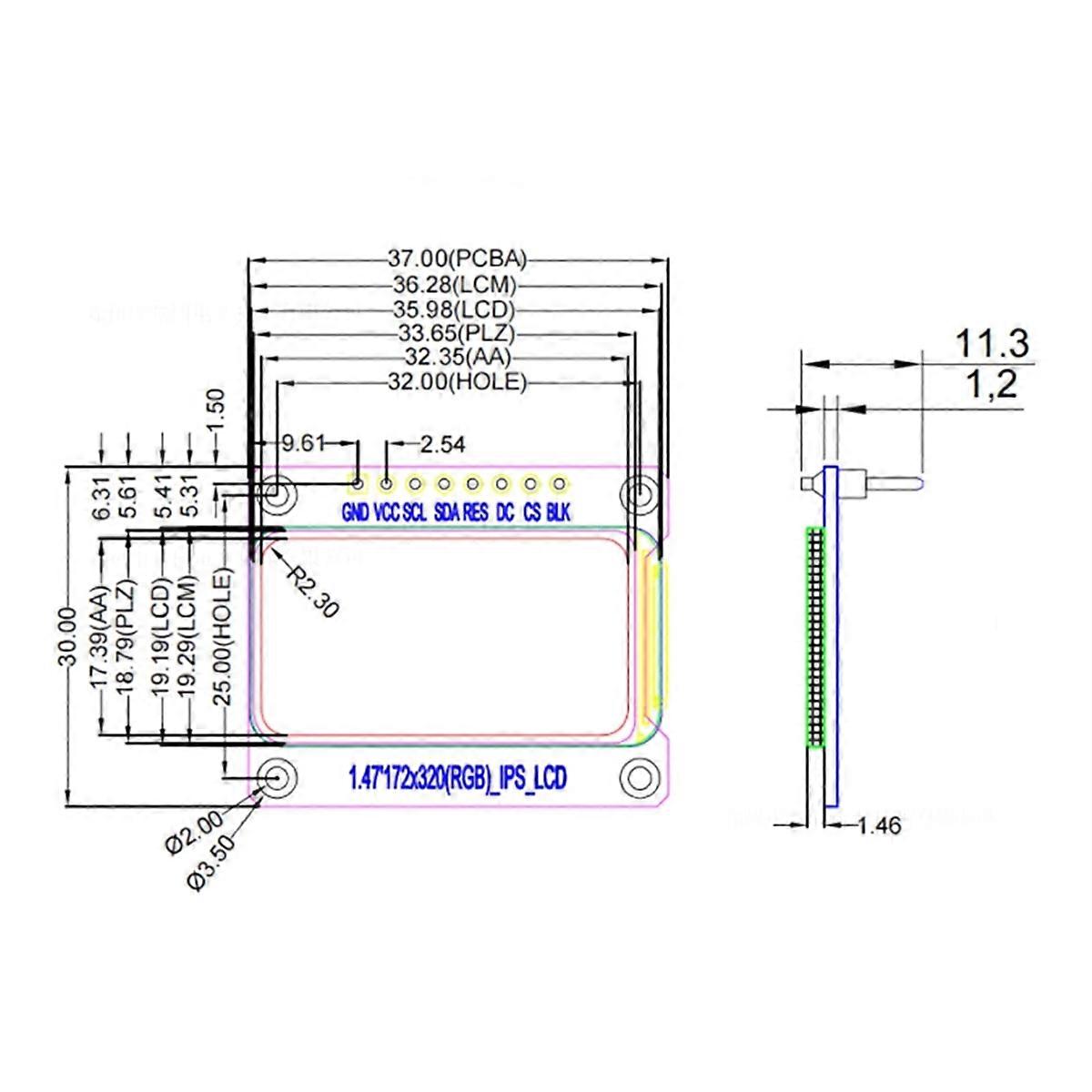 1.47 Inch 12PIN HD Display Screen LCD Module UART Communication Interface 2-5.5V 8A AT7789 Drives 17