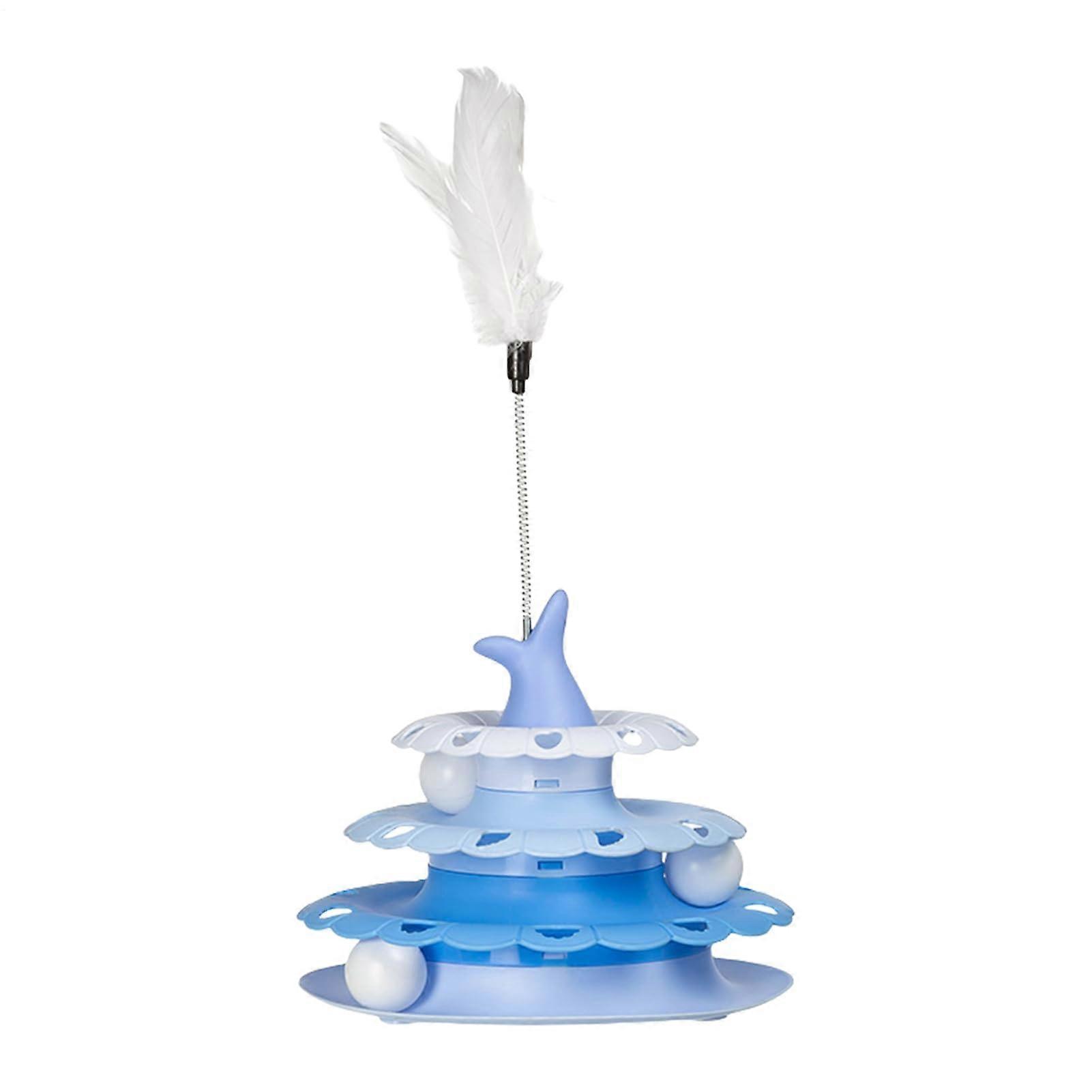 Cat Balls Interactive Toy Rollerball Tower With Teaser-Stick for Cats, Size PP, Blue, Feather Material