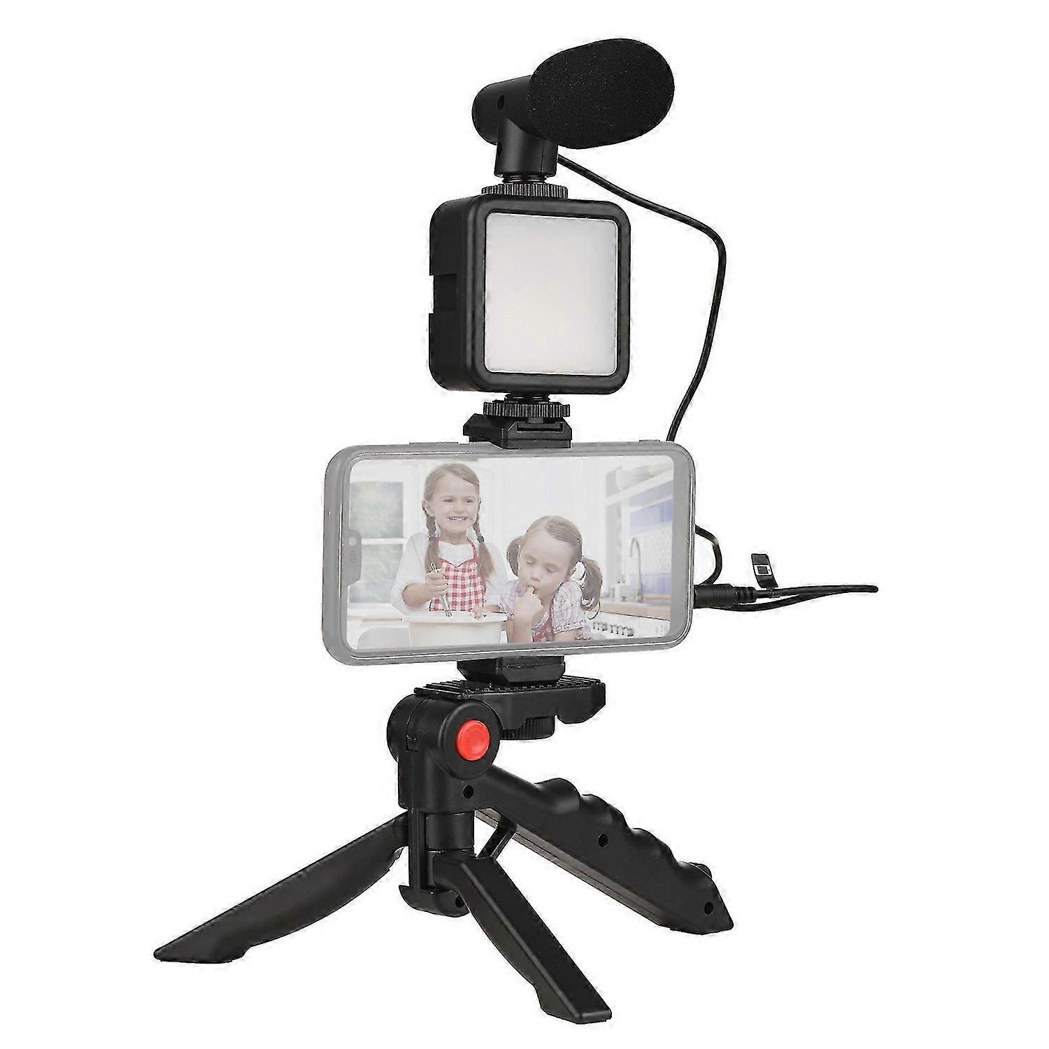 Smartphone Vlog Kit Mini LED Video Light + Cardioid Microphone + Extendable Phone Clip + Tripod with Adjustable Brightness for Live Stream Vlog Video