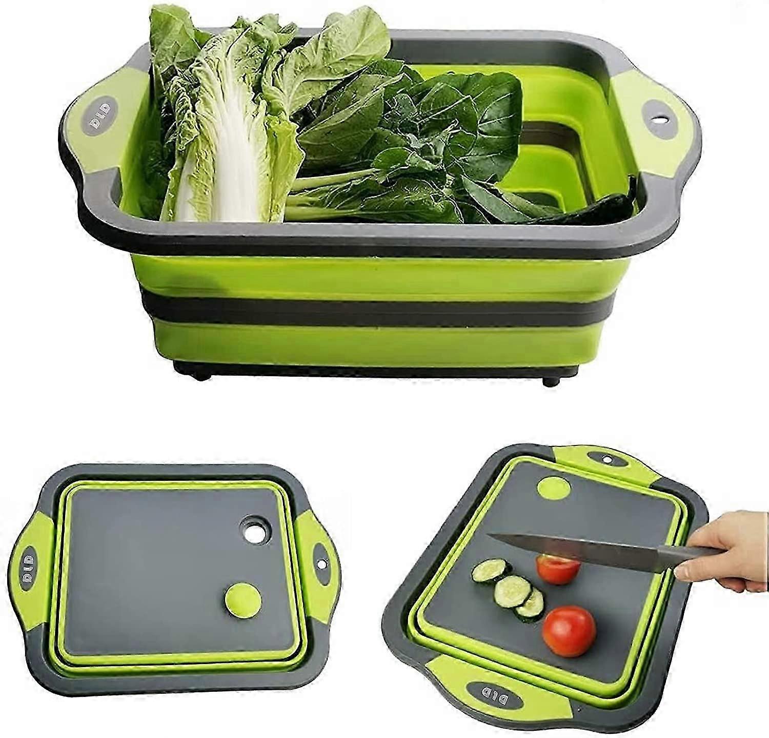 Space-Saving Green Silicone Cutting Board  Collapsible with Colander for UK Kitchens (Multi-Functional)