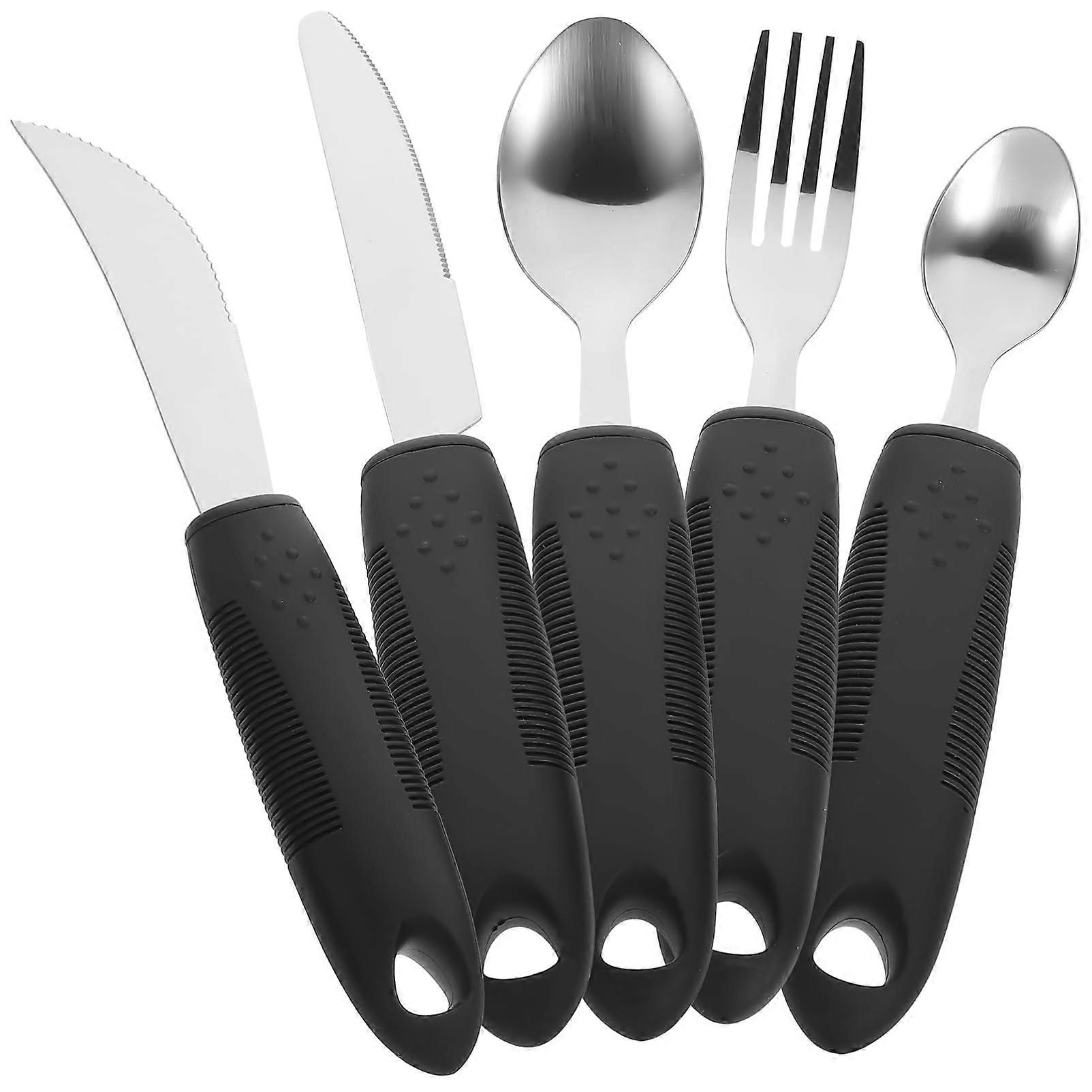 1satz Adaptive Utensilienset Für Senioren, Anti-Zittern mit Kunststoffgriffen, Leicht zu Reinigen, Tragbar, Schwarz