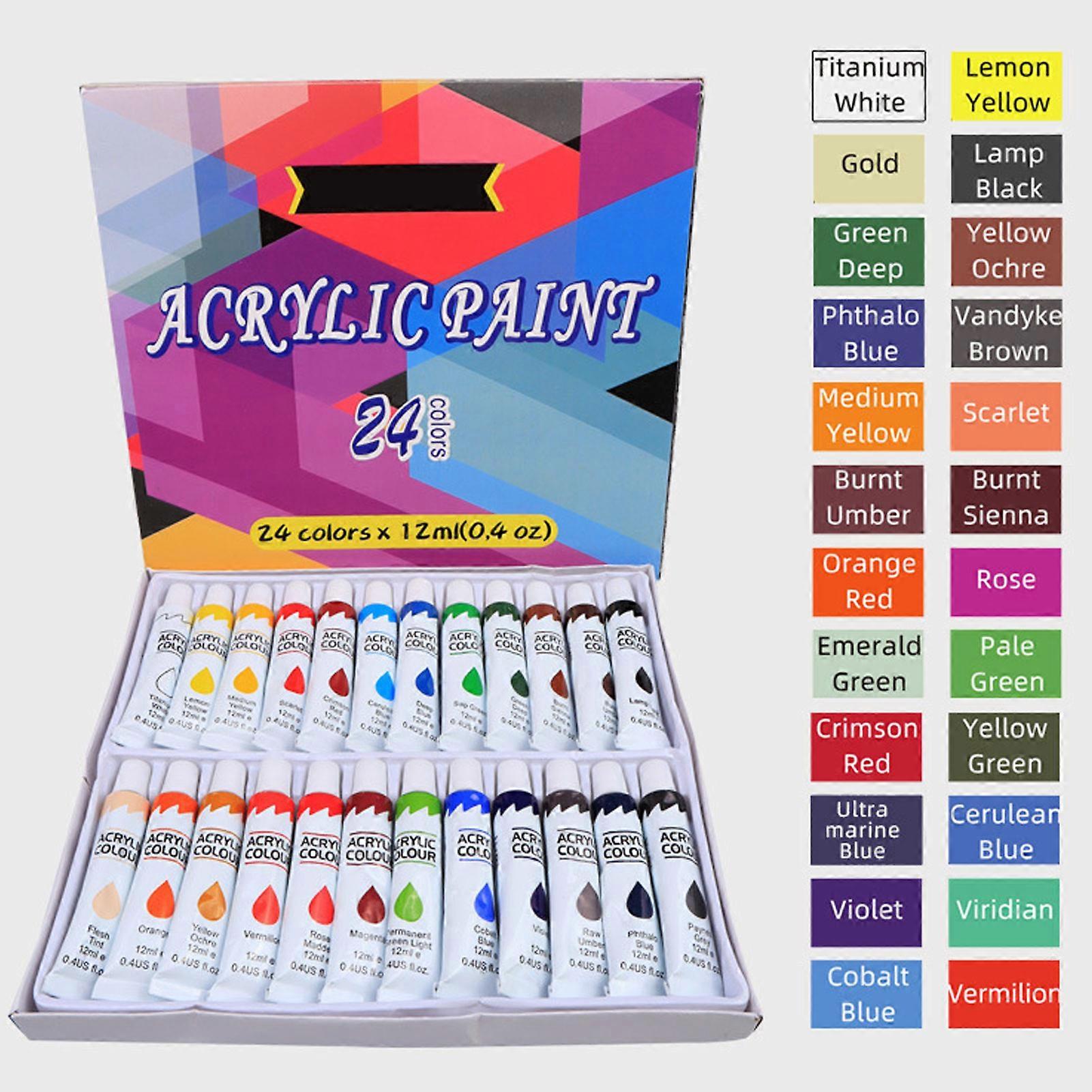 24 Color Gouache Tube Set 12ml Each Waterproof Strong Covering Power Acrylic Paint Set with Color Card for Fabric Stone