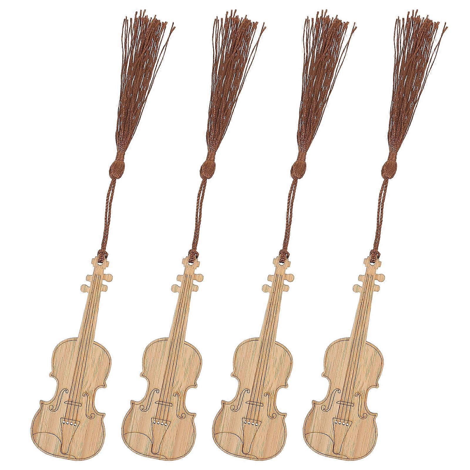 4Pcs Brown Violin Shape Bamboo Book Page Markers Suitable For Readers In Home Classroom With Tassel Feature
