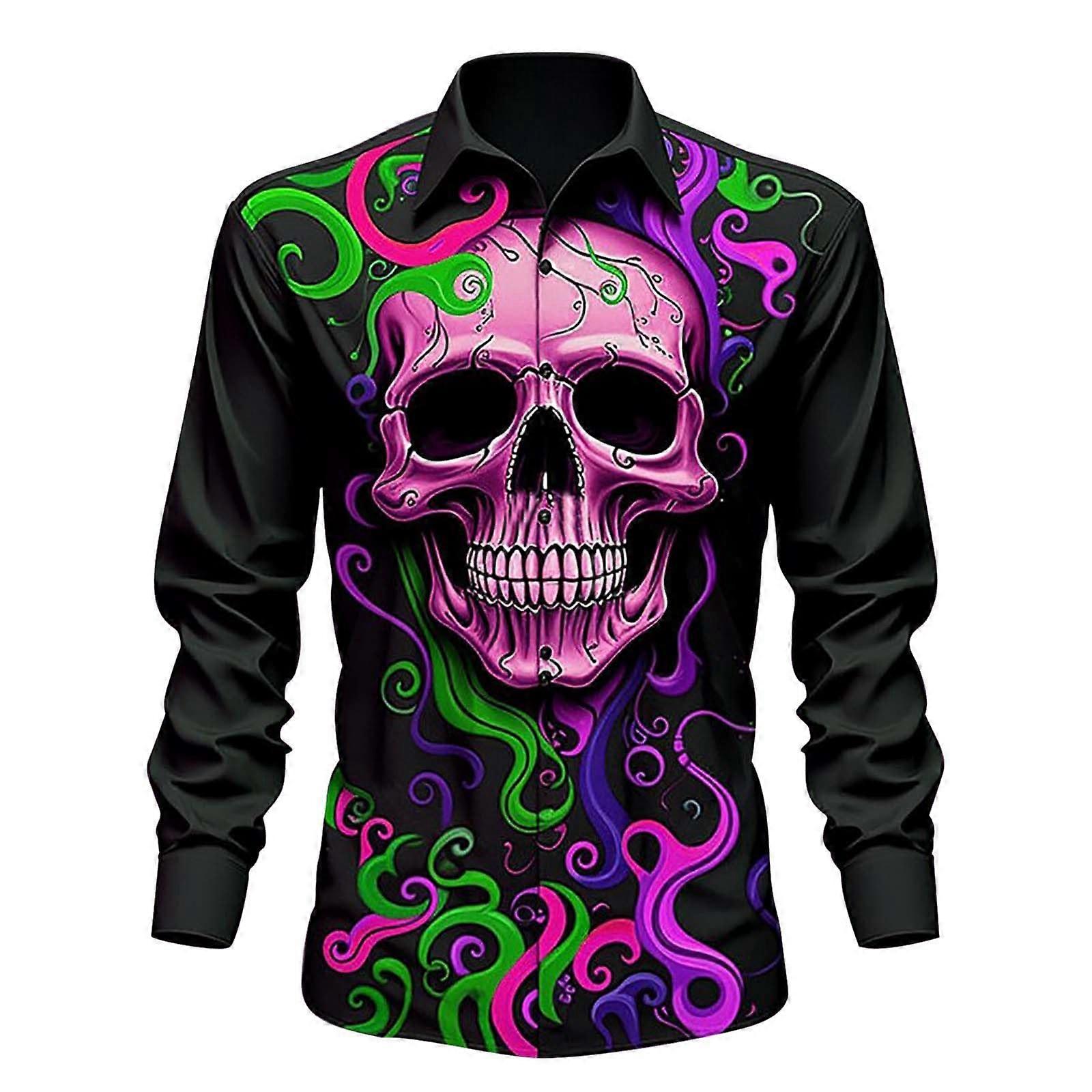 Men's Skull Party Halloween Printed Shirt Long-Sleeve Turn-Down Collar Hidden Button-Down 3D Print Color Lila Size M