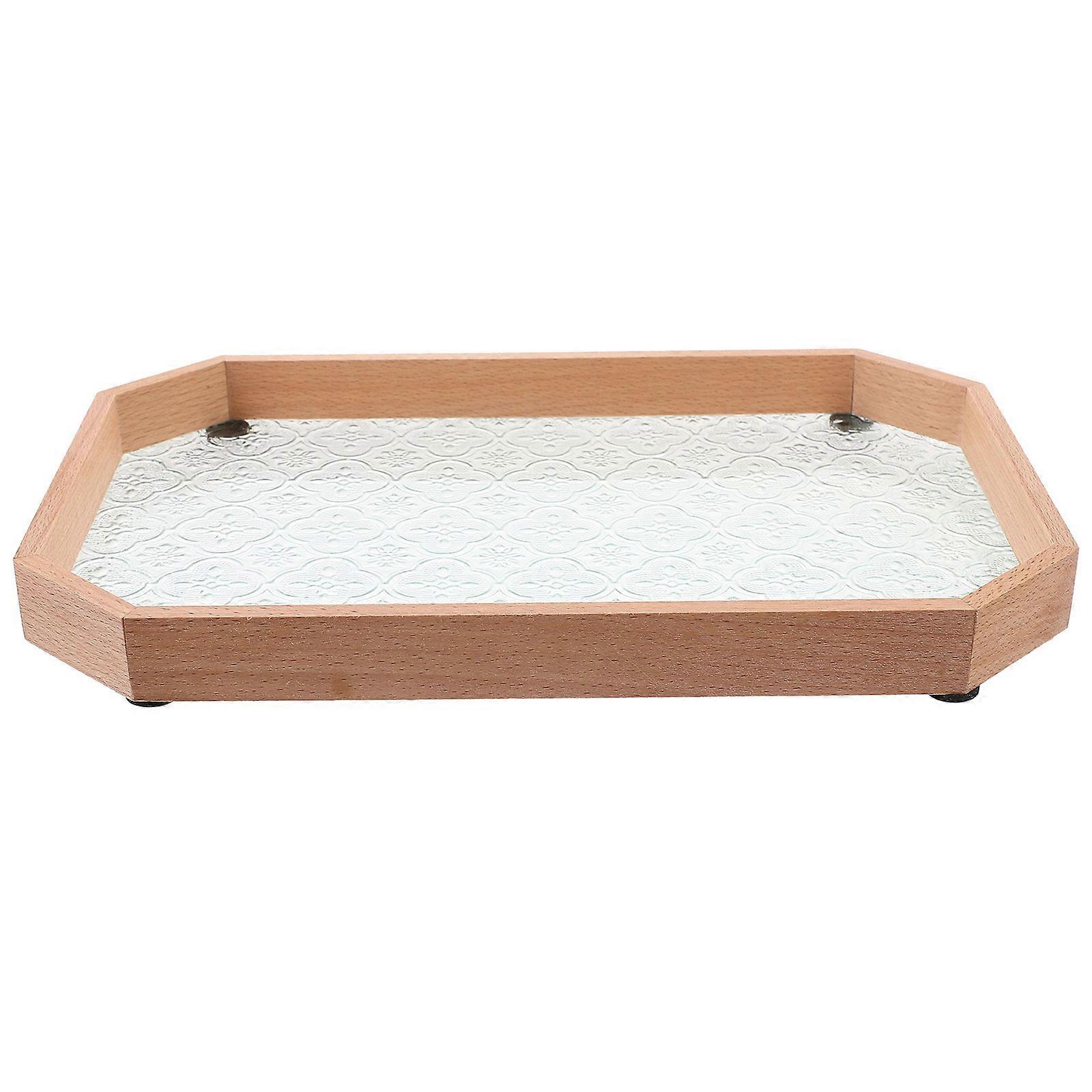 Glass Flower Pattern Wood Tray Octagon Fruits Tray Decorative Snack Serving Tray