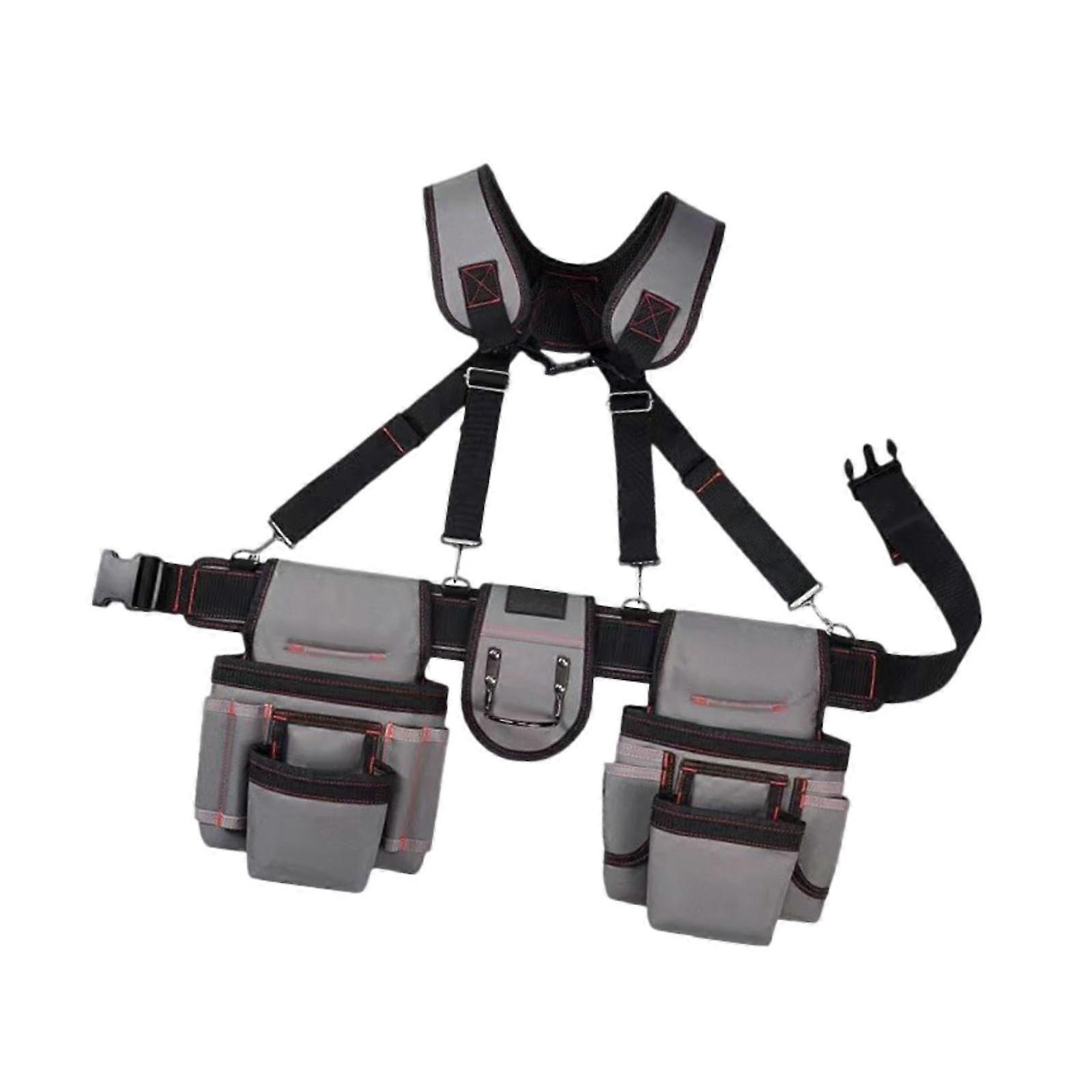 Tool belt with suspenders, multipocket pouch, hip tool bag for construction worker family, gray