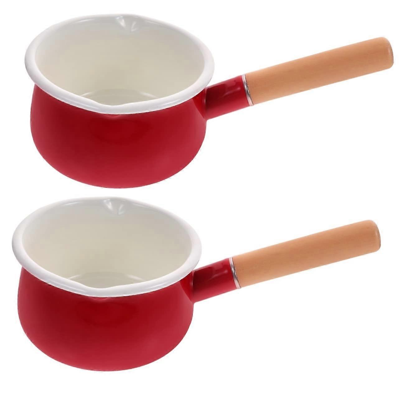Enamel Milk Pot Set 2 Pieces, Enamel Wooden Soup Pot, Red, 29.5x15.5x9cm, Cookware for Stove Use