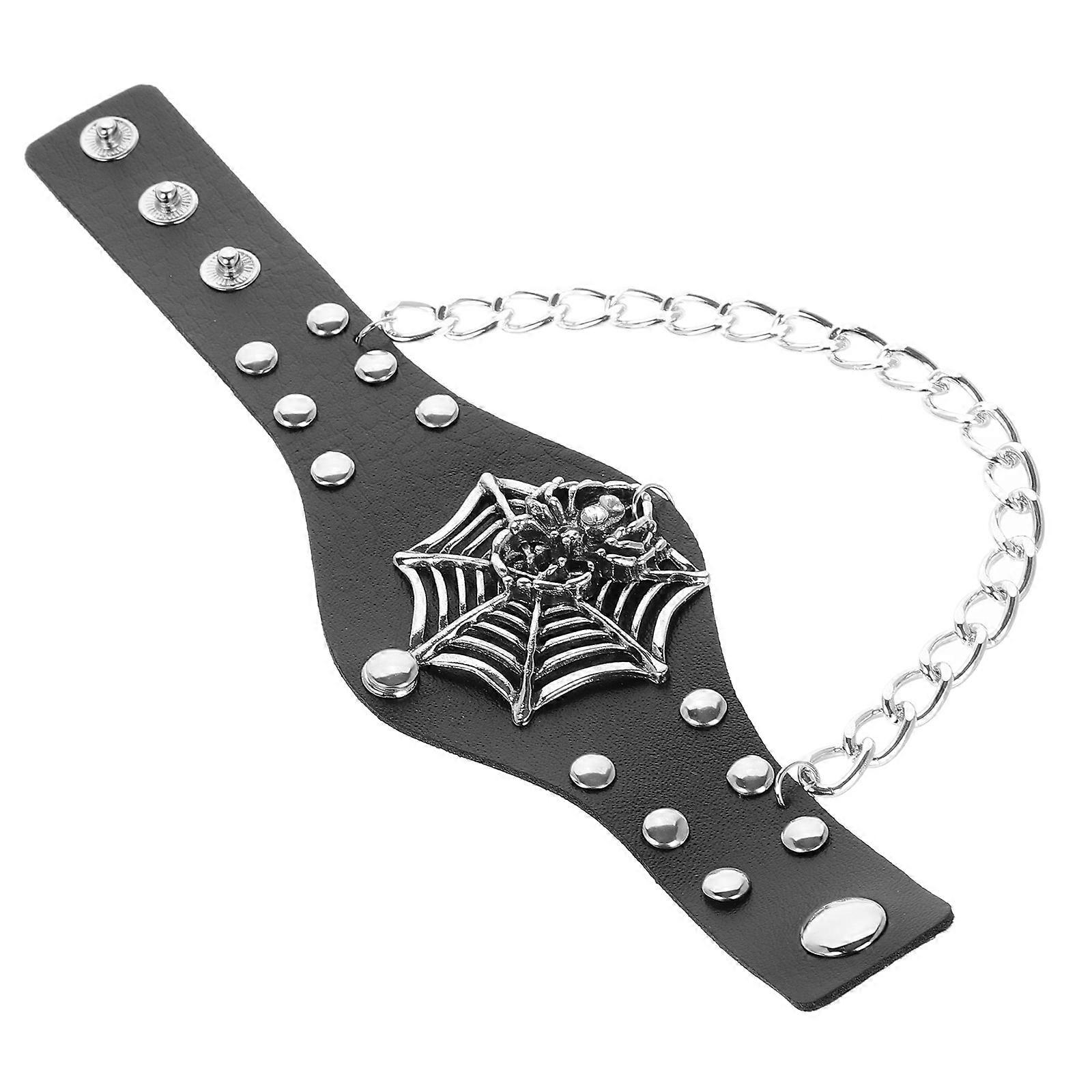 Gothic Punk Style Adjustable PU Cuff Bracelet with Wide Chain Design Comfortable Fit for Men and Women Rocker Halloween Accessory