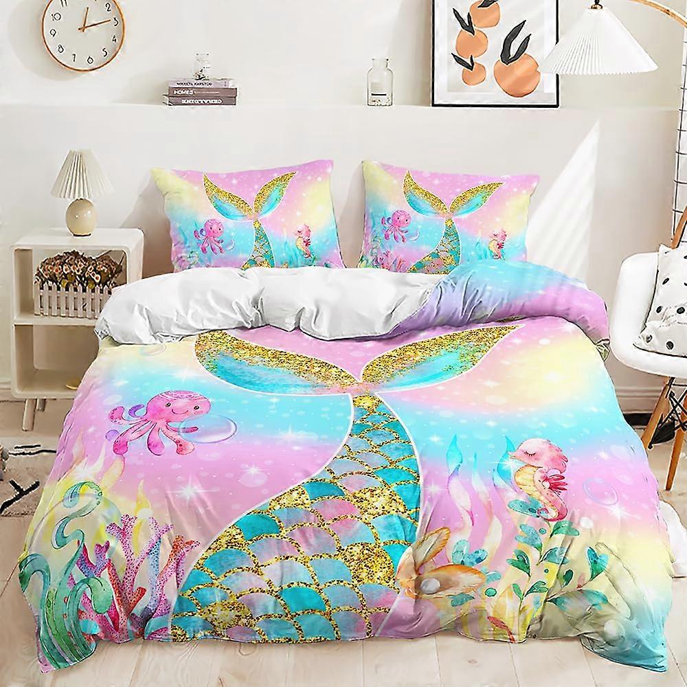 Mermaid Duvet Cover Set Double Size Pink Sparkle Tail Soft Microfiber Bedding Set Includes Pillowcases