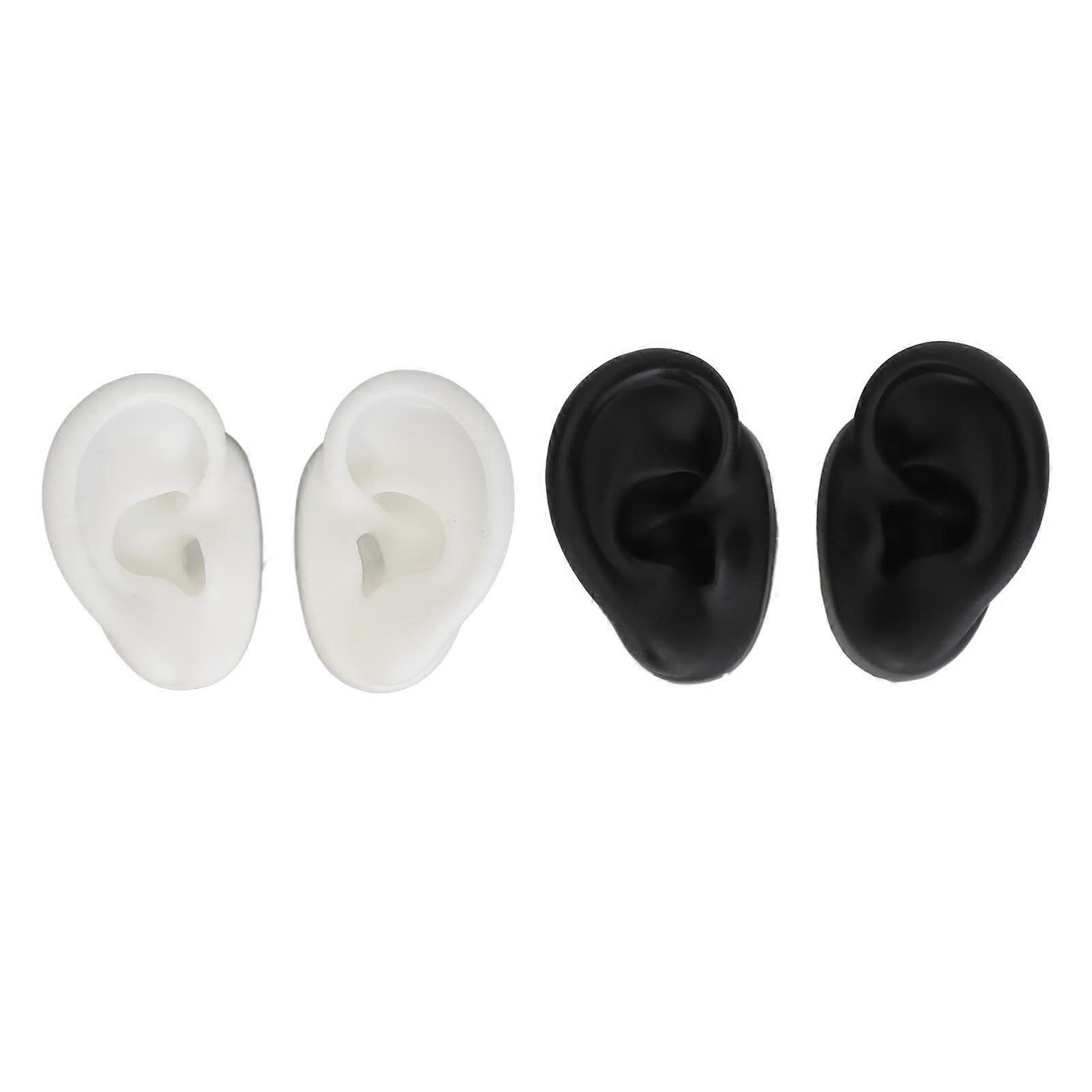 2 Pair 3D Silicone Ear Model Soft Flexible Left Right Ear Simulated Fake Model Practice Tool for Teaching Jewelry Display Black and White