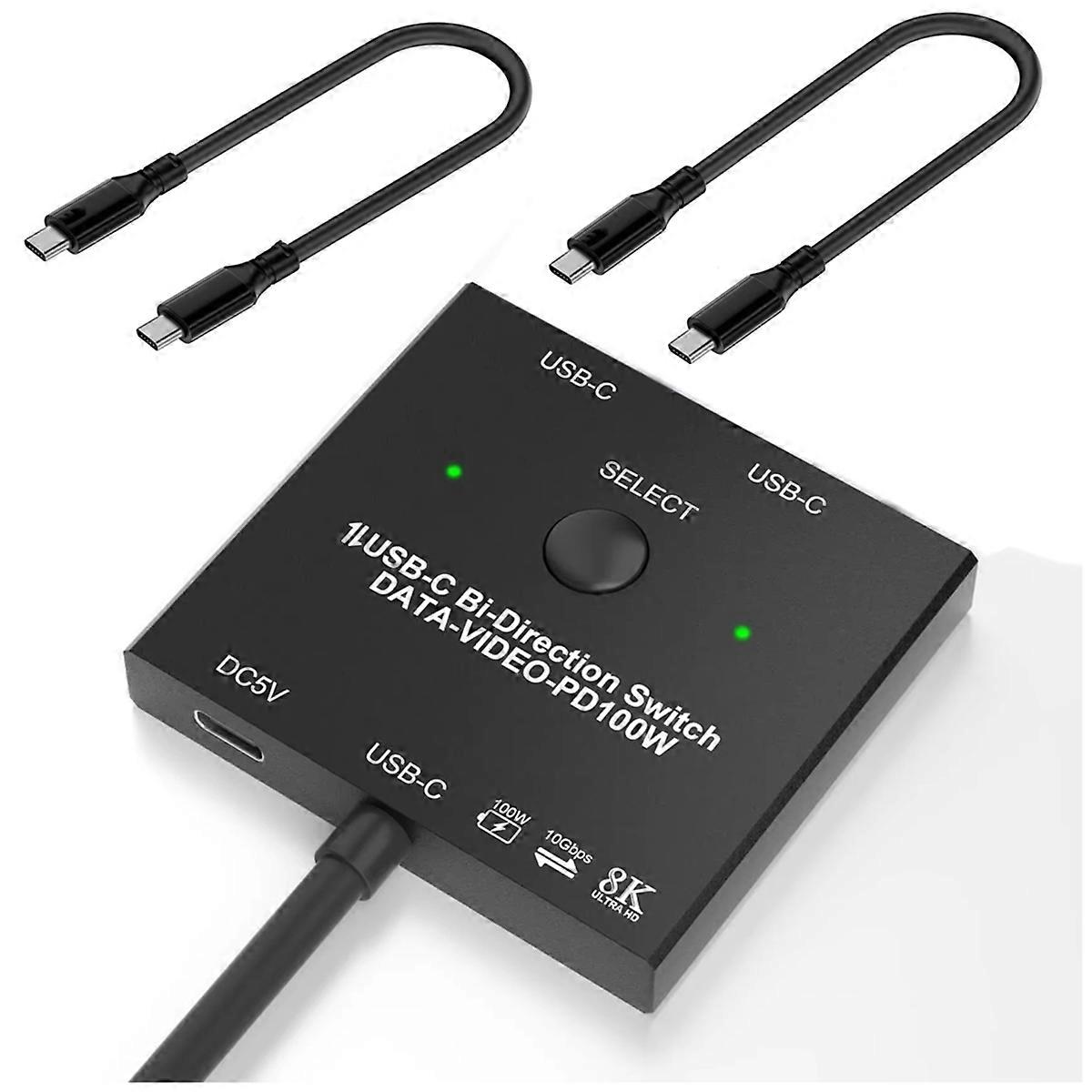 Commutateur USB-C bidirectionnel, charge 100 W, données 10 Gbit/s, transfert vidéo 8K, commutateur KVM 1x2/2x1 pour 2 écrans d'ordinateurs portables