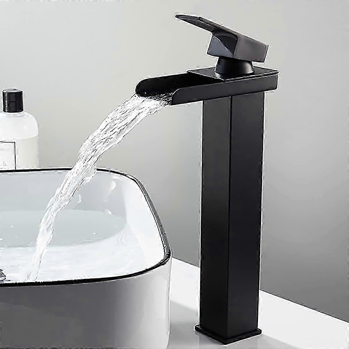 High Basin Waterfall Mixer Tap Matt Black Rectangular Hot Cold Adjustable Square Bathroom For Countertop Basin Hand Wash Basin Mixer Stainless Steel A