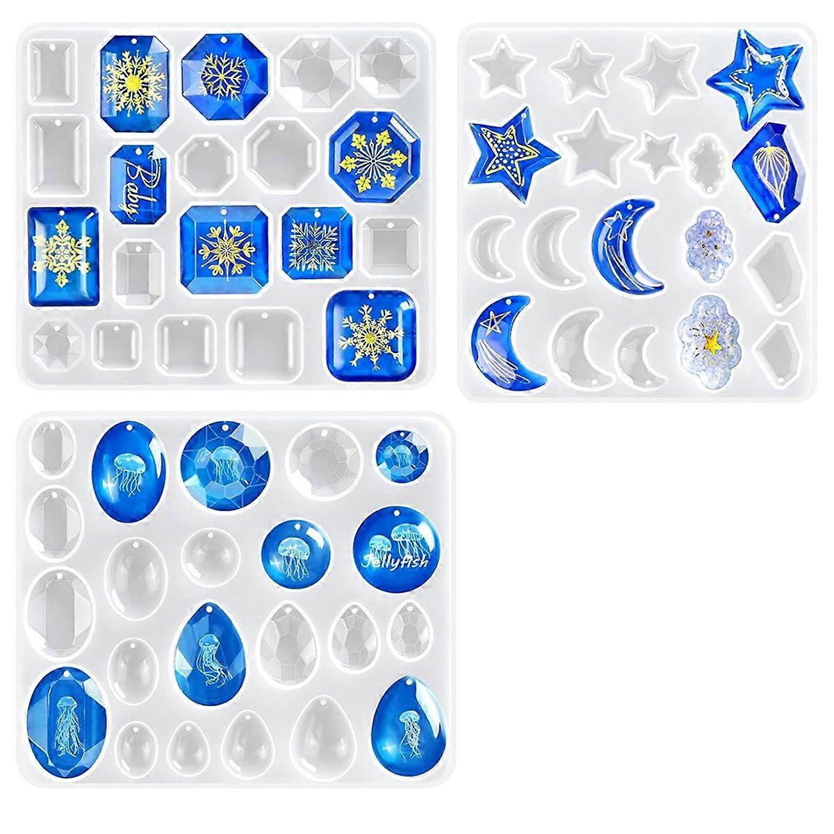 3 Pack Resin Earring Mold with Holes, Variety Shaped & Sizes Geometric Gem Cabochon Crescent Moon S
