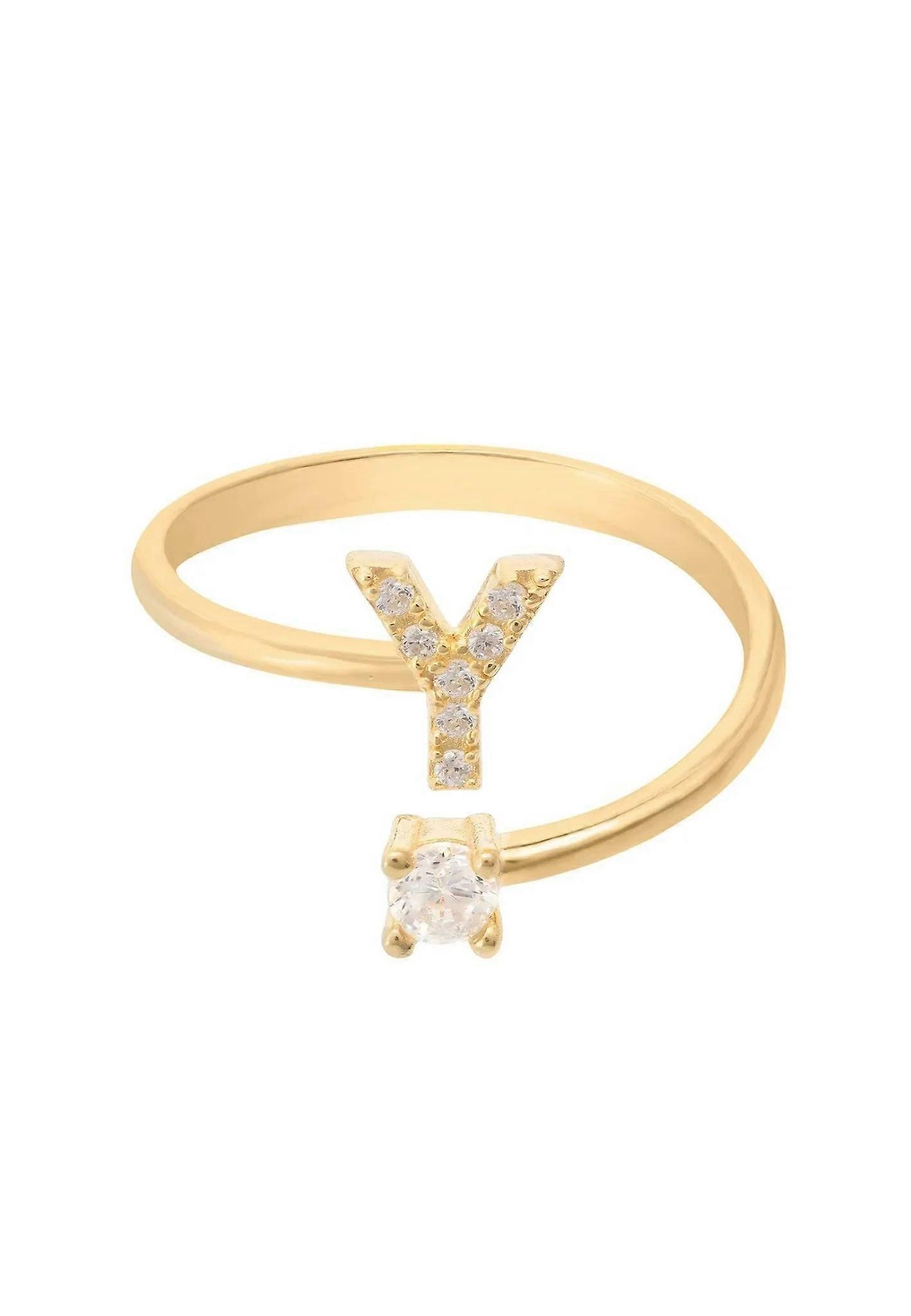 Latelita Initial Ring - Gold Y, Handcrafted 925 Sterling Silver with Cubic Zirconia - One Size (Average Size 6)