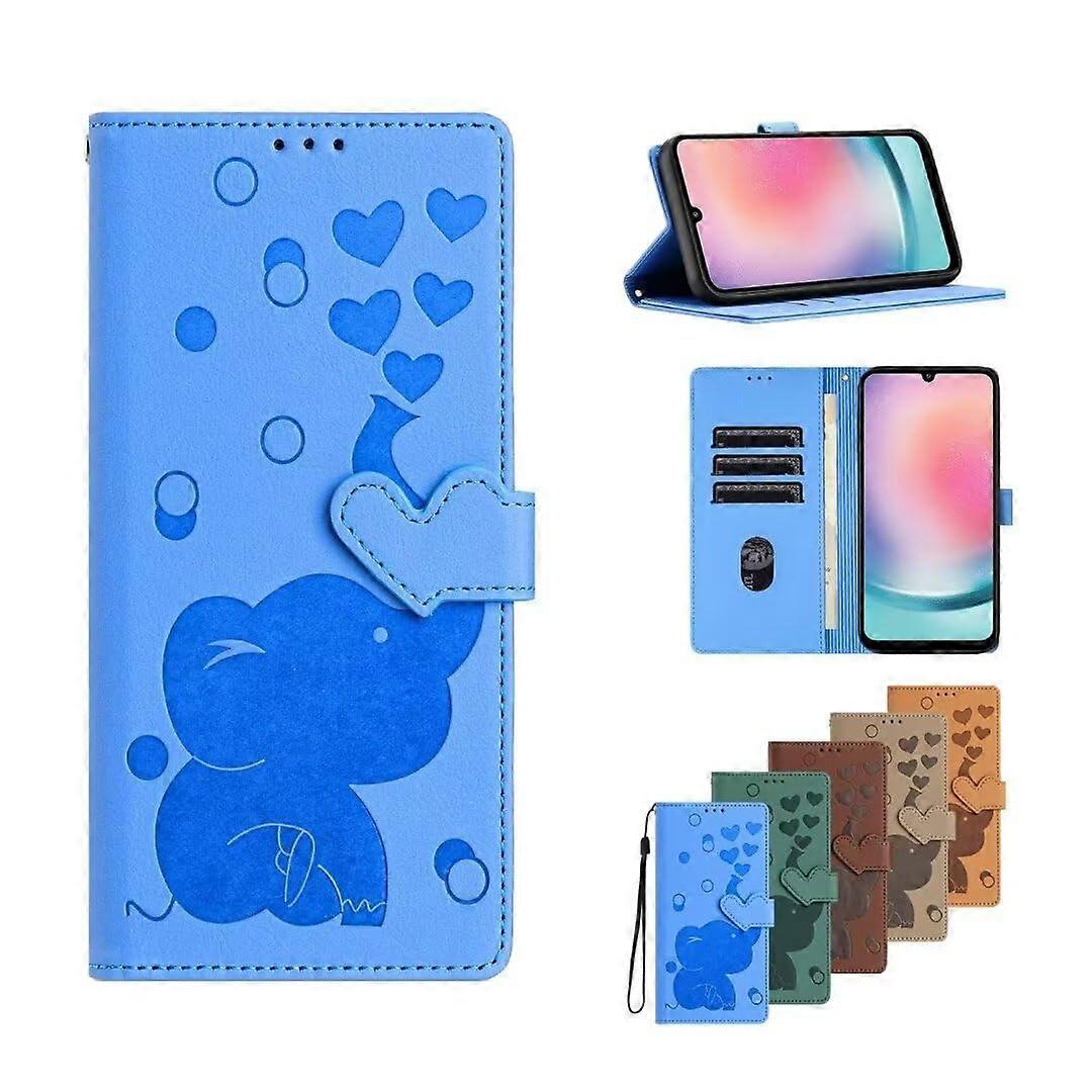 Case for iPhone 16 Plus, Embossed Elephant Design, Shockproof PU Leather, Soft TPU Bumper, Wallet Stand Card Slot, Blue