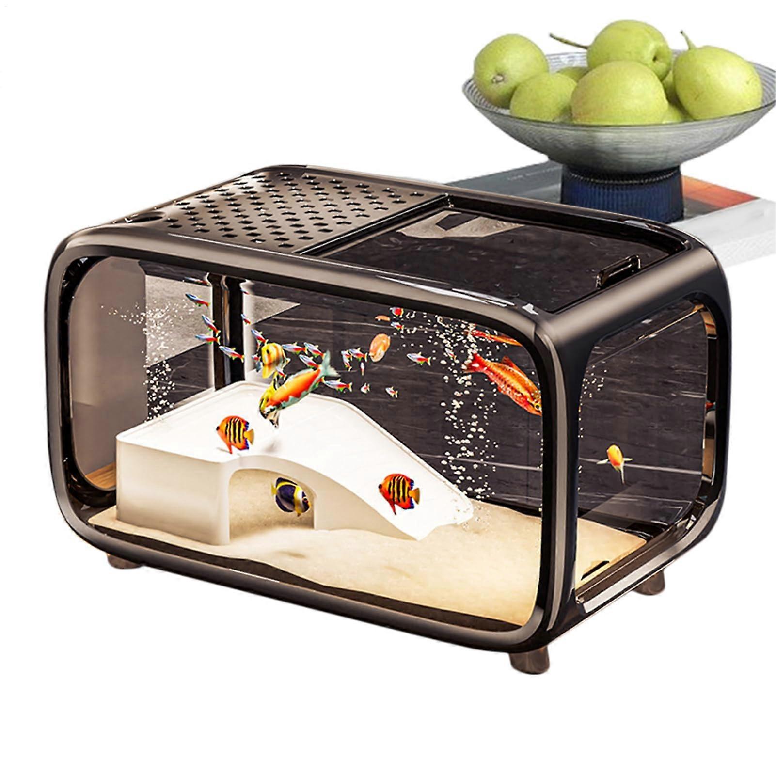 Desktop Fish Tank Black, Clear Habitat With Climbing Decor,  Feeding Hole, Suitable For Betta Shrimp Snails Turtle