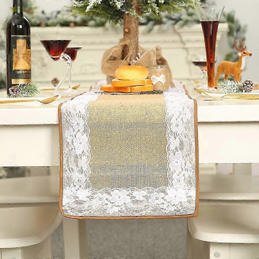 Rectangular Christmas Tablecloth Polyester Lace Wide Beige 30*180m Christmas Tree Patterns for Christmas Table DecorationPrinted Christmas Tablecloth