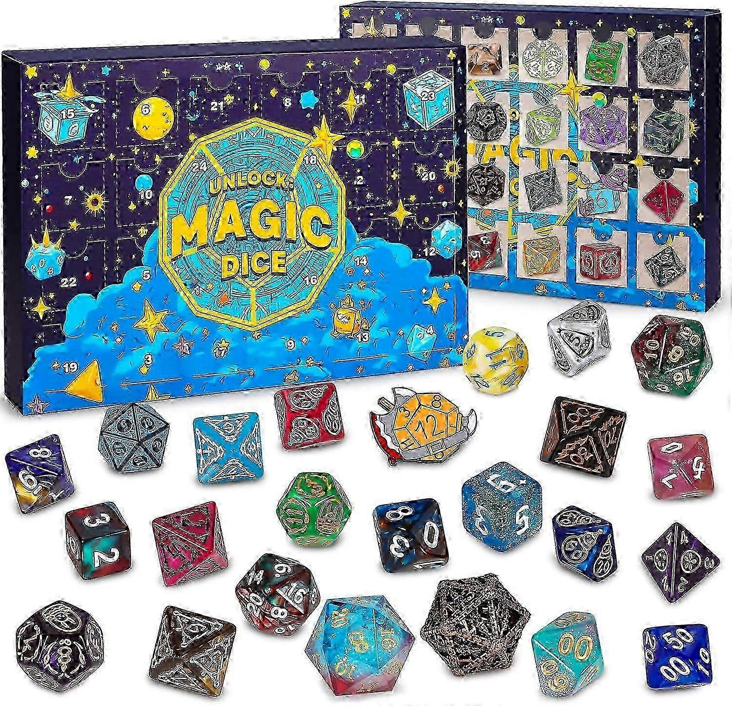 Dice Advent Calendar 2025, Polyhedral Dice, 24Days Christmas Countdown Calendar, Christmas Gifts, 24-Hole Advent Calendar Dice Box with Badge - DX