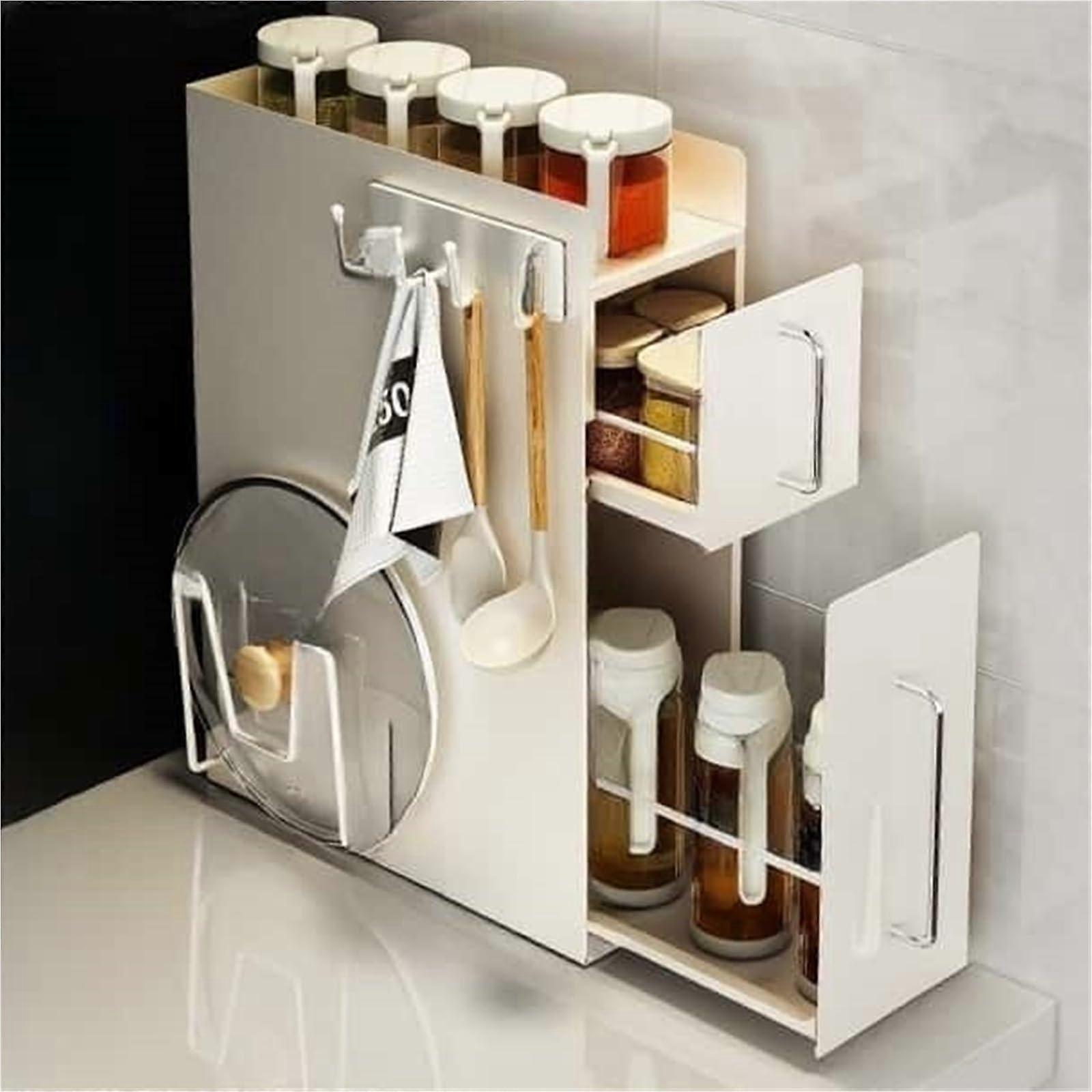 2 Tier Pull Out Spice Rack Organizer with SpaceSaving Narrow Design for Kitchen Cabinet Storage White