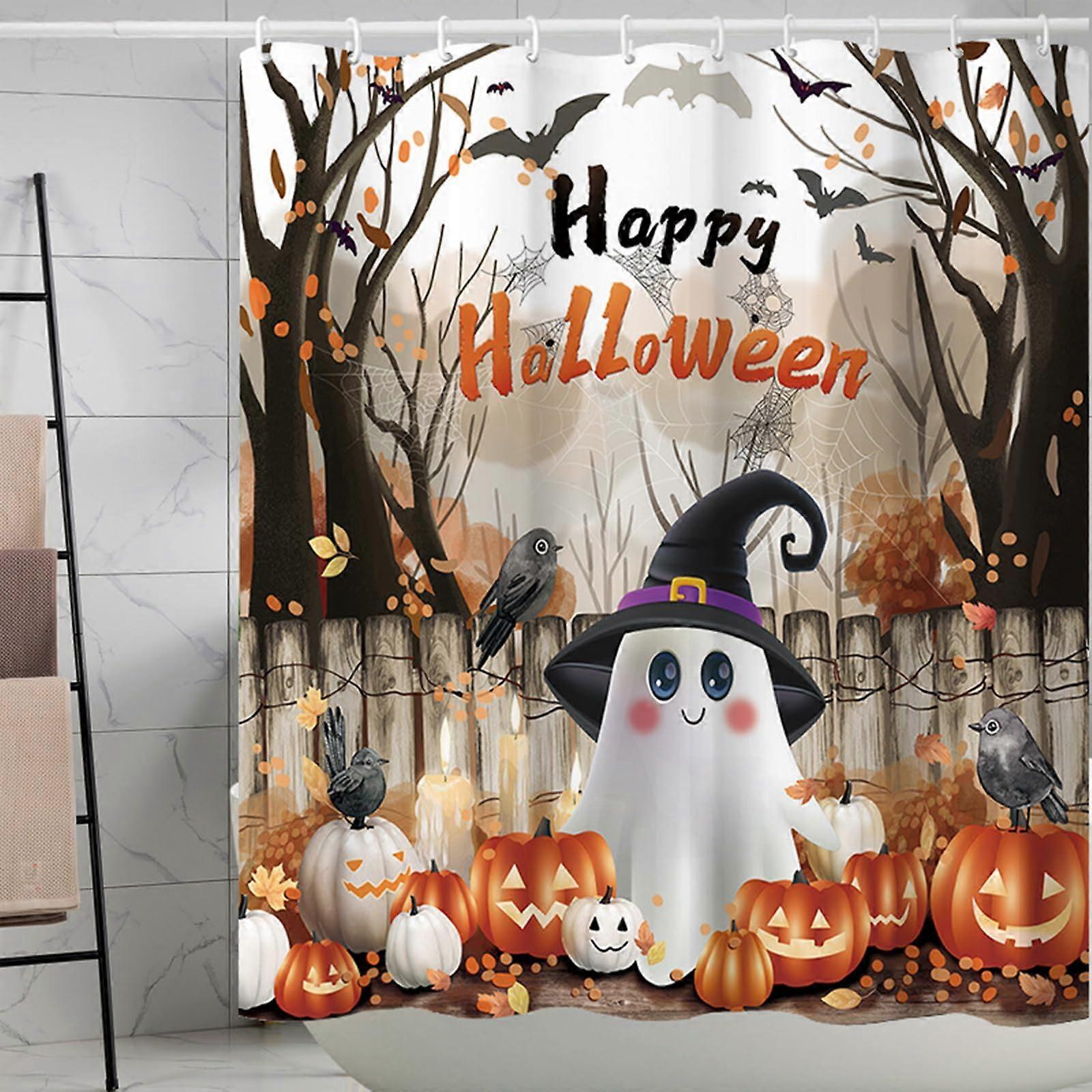 Halloween Shower Curtain Waterproof Polyester Ghost Pumpkin Design 72x72 with 12 Hooks
