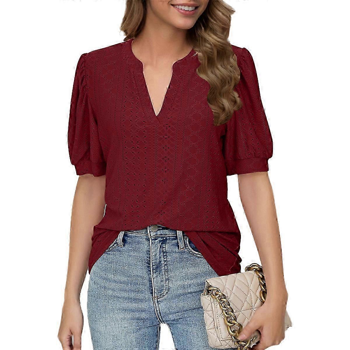 Summer Puff Short Sleeve Shirts Wine Red S
