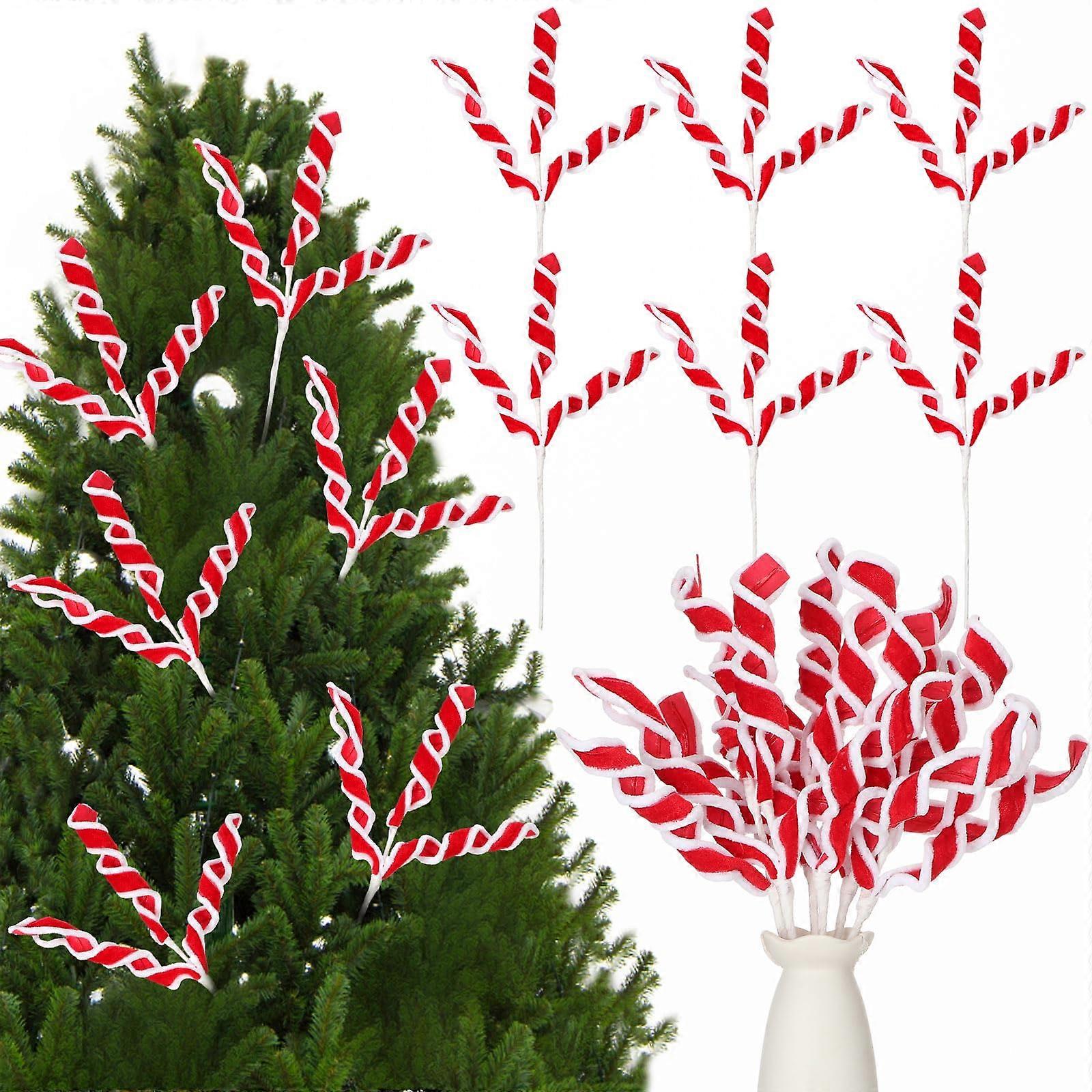 6 Pcs Red and White Christmas Tree Picks Candy Cane Curly Decorations with Flexible Stems