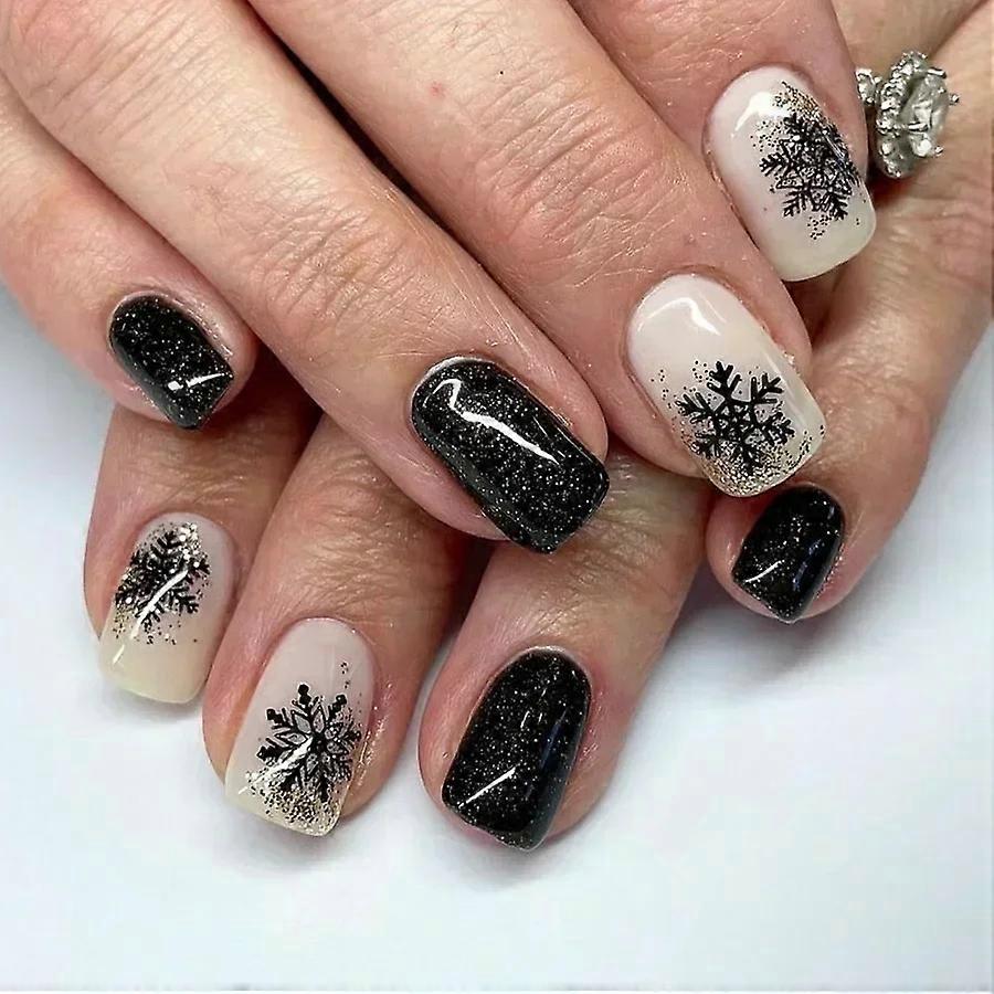 2026 New style 24Pcs Solid Black Short False Nails with Rose Pattern Design Ballerina Square Artific