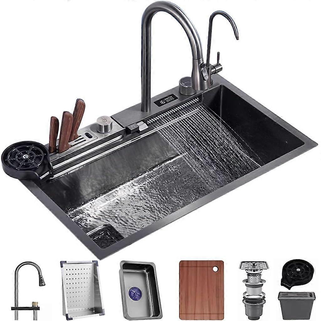 Stainless Steel Kitchen Sink with Digital Display Waterfall PullOut Faucet and Full Accessory Set