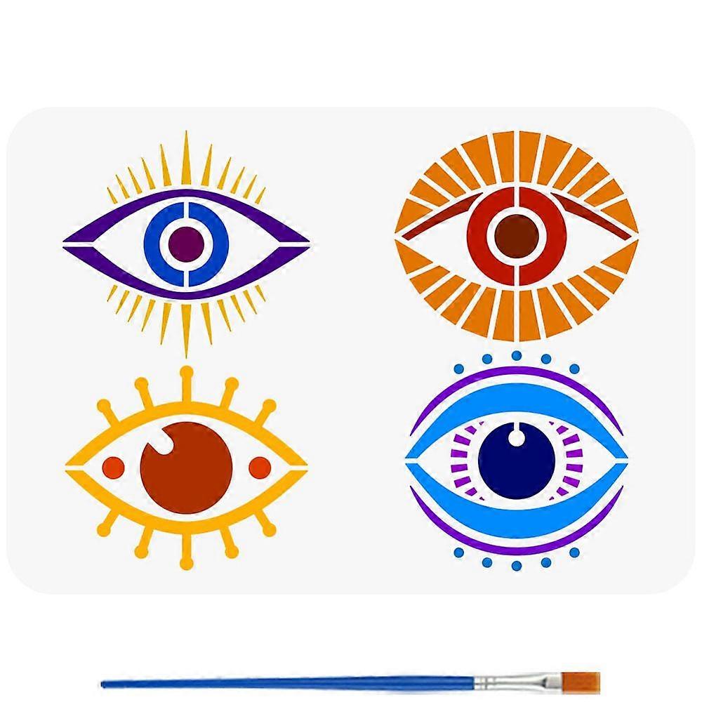 Devil's Eye Stencil with Paint Brush 8.3x11.7inch 4 Styles Evil Eyes Pattern Drawing Template Reusable Evil Eyes Pattern Stencil for Painting on Wall,