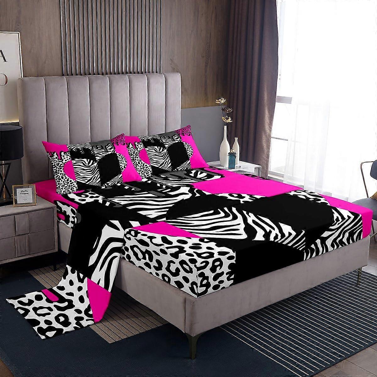 Full Bed Sheet Set Leopard Print Hot Pink Black Deep Pocket Fitted Breathable 4 Piece Bedding