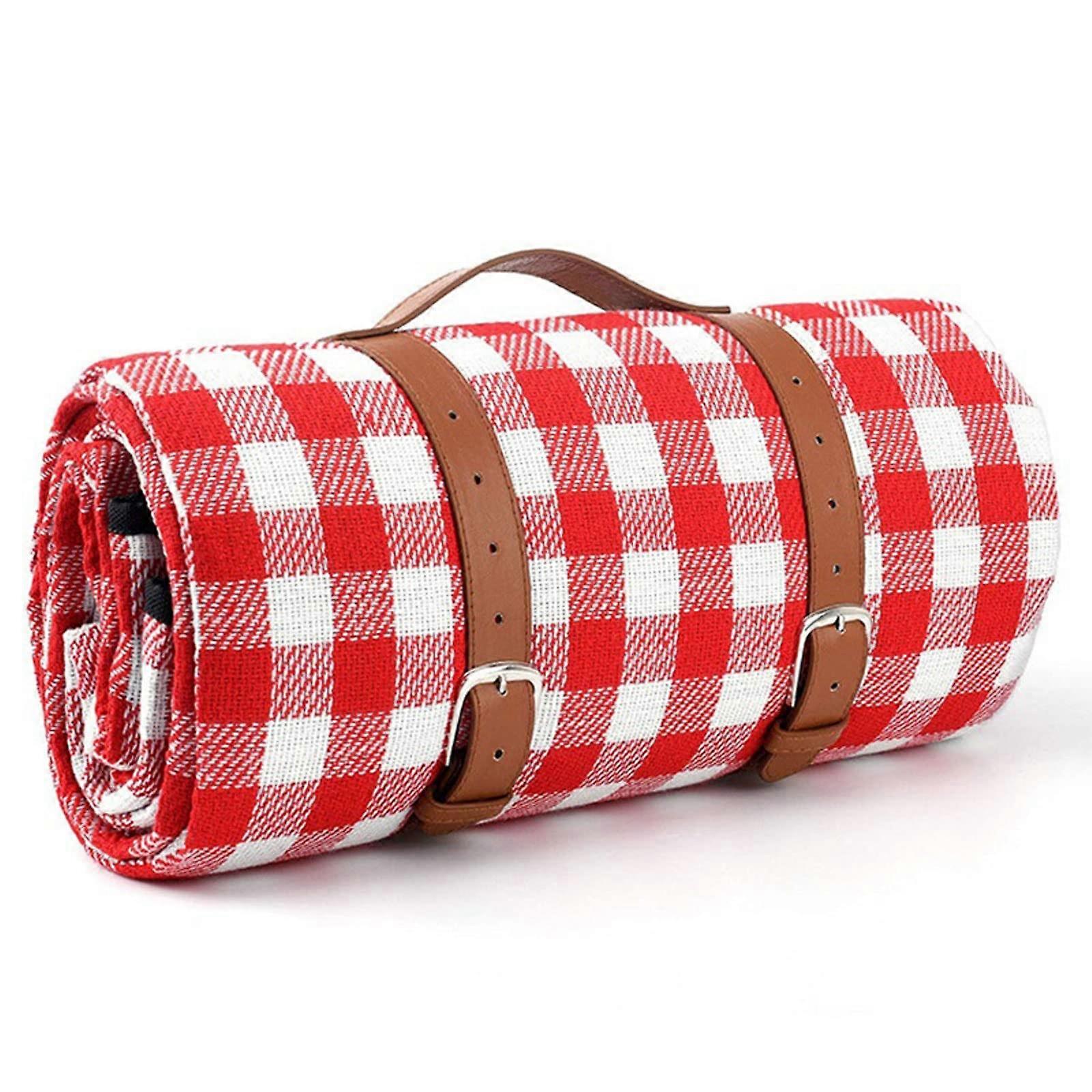 Waterproof Foldable Picnic Blanket with Padding for Beach Camping Travel, Red White Checkered