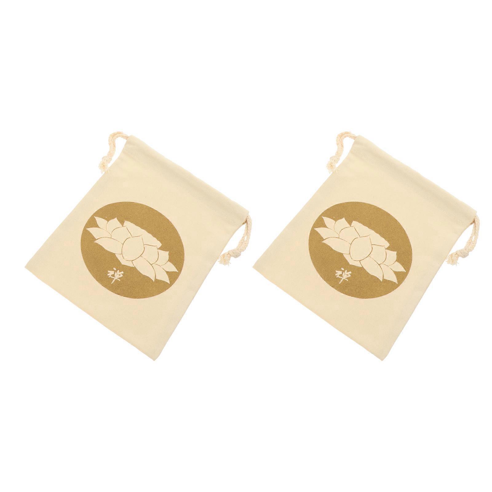 Singing Bowl Pouch Drawstring for Storage Use 2Pcs Khaki Cotton Linen