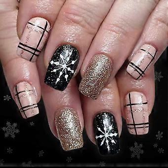 Christmas Snowflake Press-On Nails – Gold Glitter Square Fake Nails, Black Acrylic 24pcs