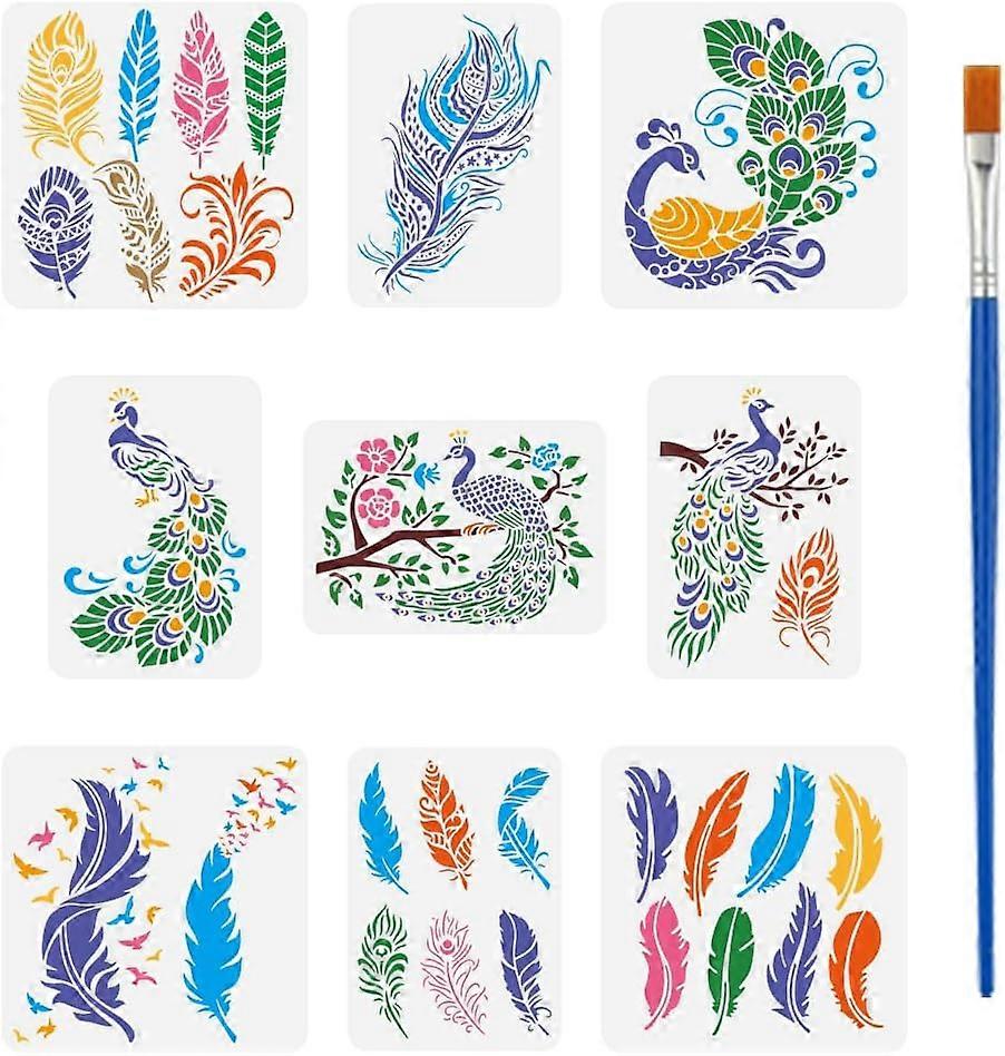 9 PCS Feather Theme Stencils with 1Pc Plastic Paint Brush 2 Sizes Decorative Feathers Pattern Template