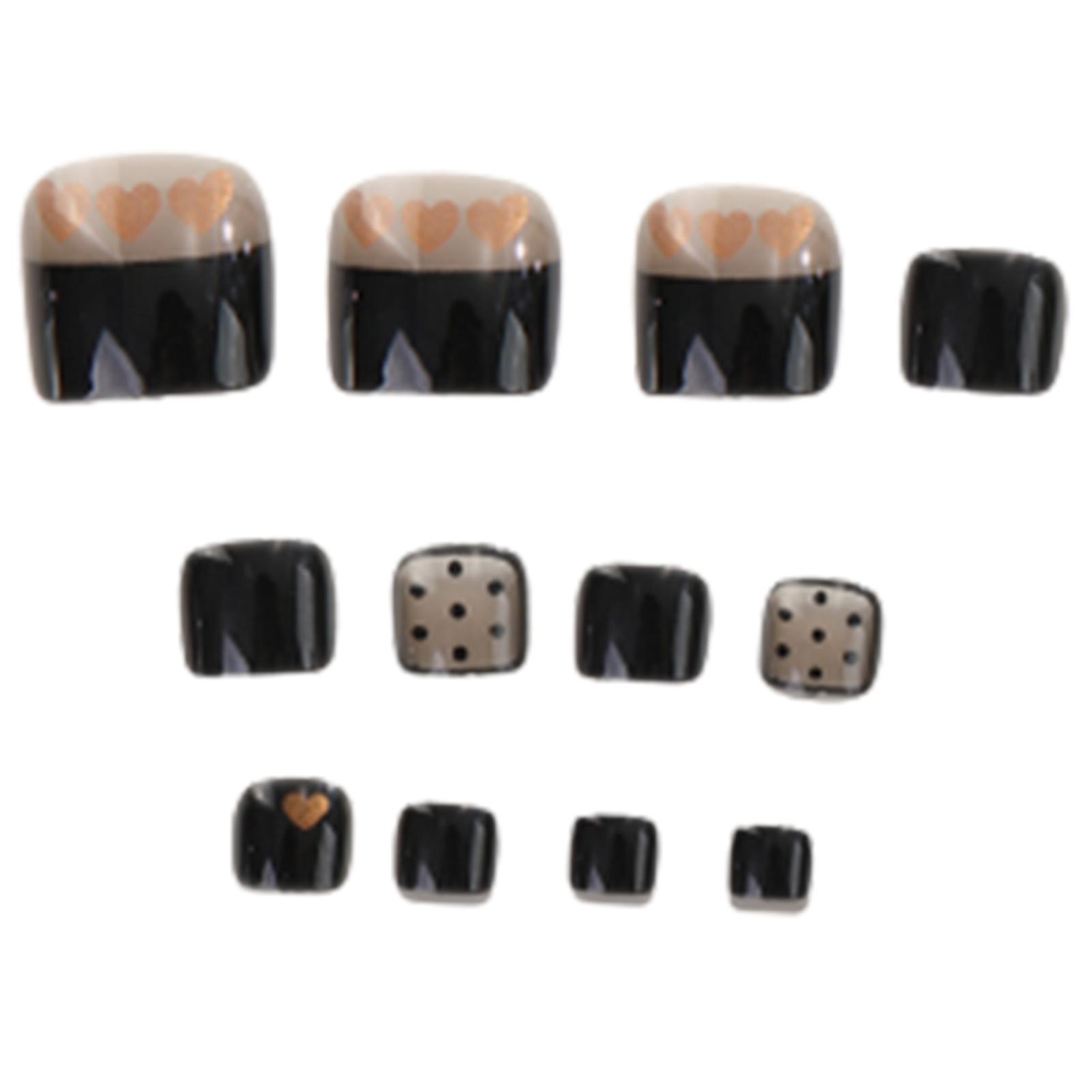 Removable Glue-on Fake Toenails Black Artificial Stick On Toenail With Love Heart For Diy At-home Manicure Kit
