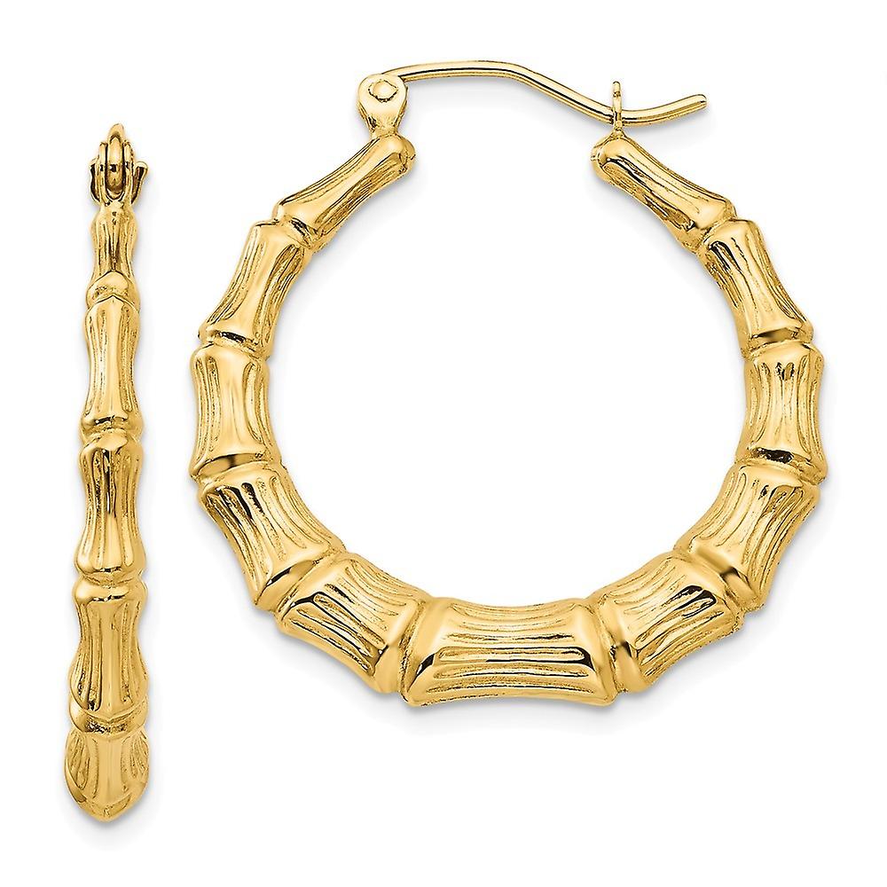14k Yellow Gold Hollow Hinged post Polished Bamboo Hoop Earrings
