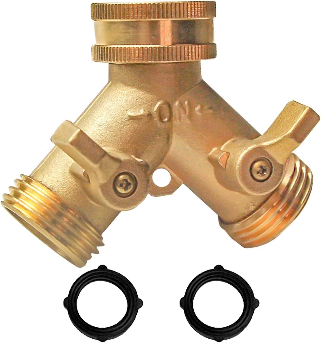 Tool Brass Garden Hose Splitter (2 Way), Solid Brass Hose Y Splitter 2 Valves with 2 Extra Rubber Wa