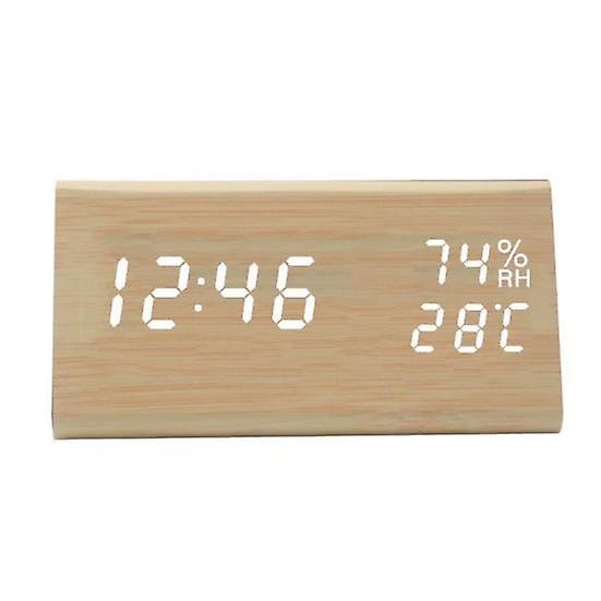 Wooden Temperature Humidity Time Display Silent Desk Digital LED Alarm Clock