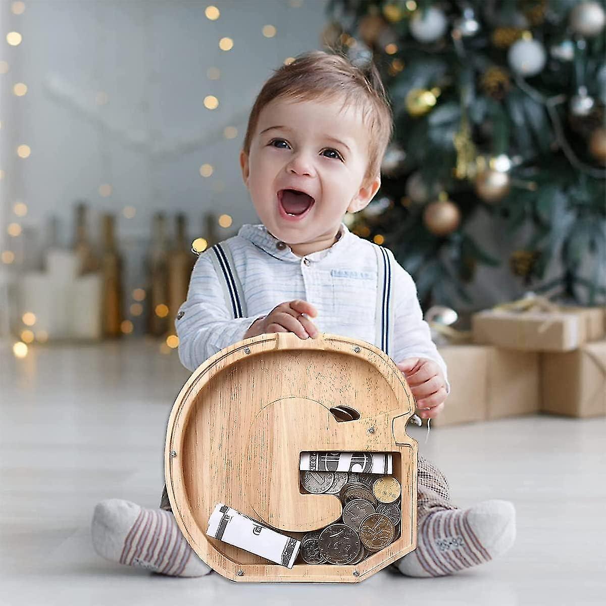 (G)Children's Piggy Bank Personalized Piggy Bank with Letters from A to Z Transparent Wooden Piggy B